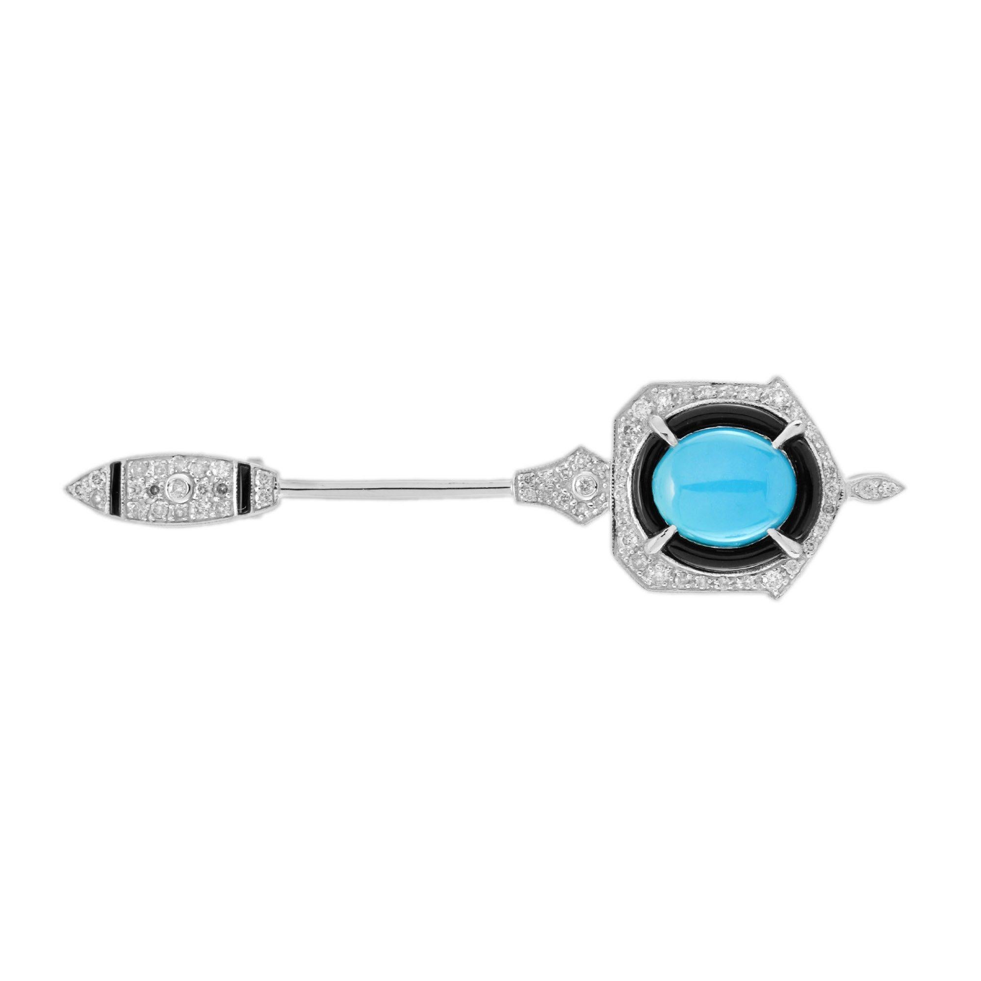 Una bellissima spilla realizzata con una rara combinazione di turchesi, diamanti e onici. Il magnifico turchese cabochon è incastonato nell'oro bianco e ornato da un motivo a grana fine. La perfetta brillantezza dei diamanti e dell'onice mette in
