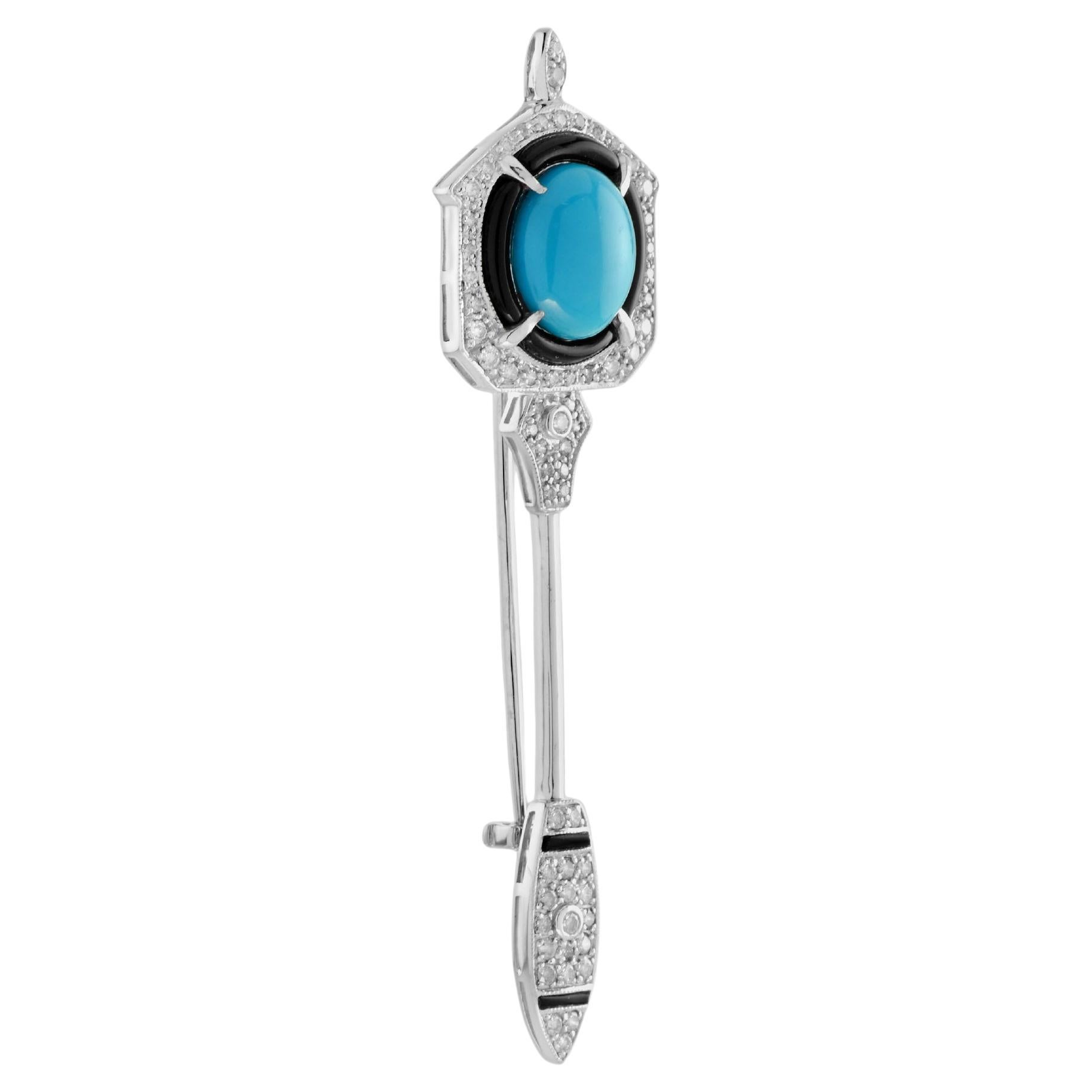 Spilla in oro bianco di ispirazione Art Deco con diamante e onice blu verde acqua. in vendita