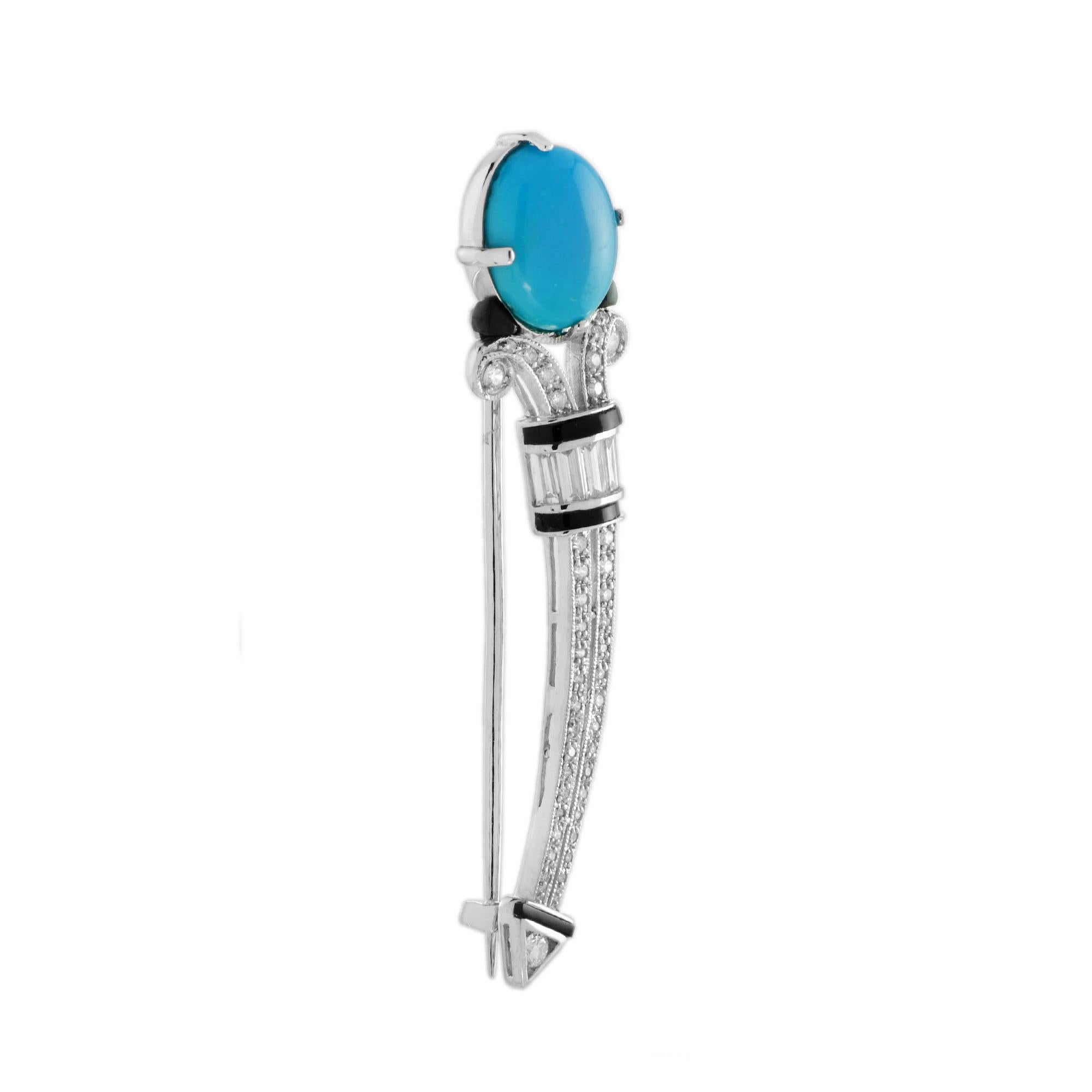 A beautiful brooch made with a rare combination of turquoise, diamonds, and onyxes. The magnificent turquoise cabochon is set in white gold and adorn with a millgrain. The perfect brilliance of the diamonds and onyx highlights the beauty of the blue