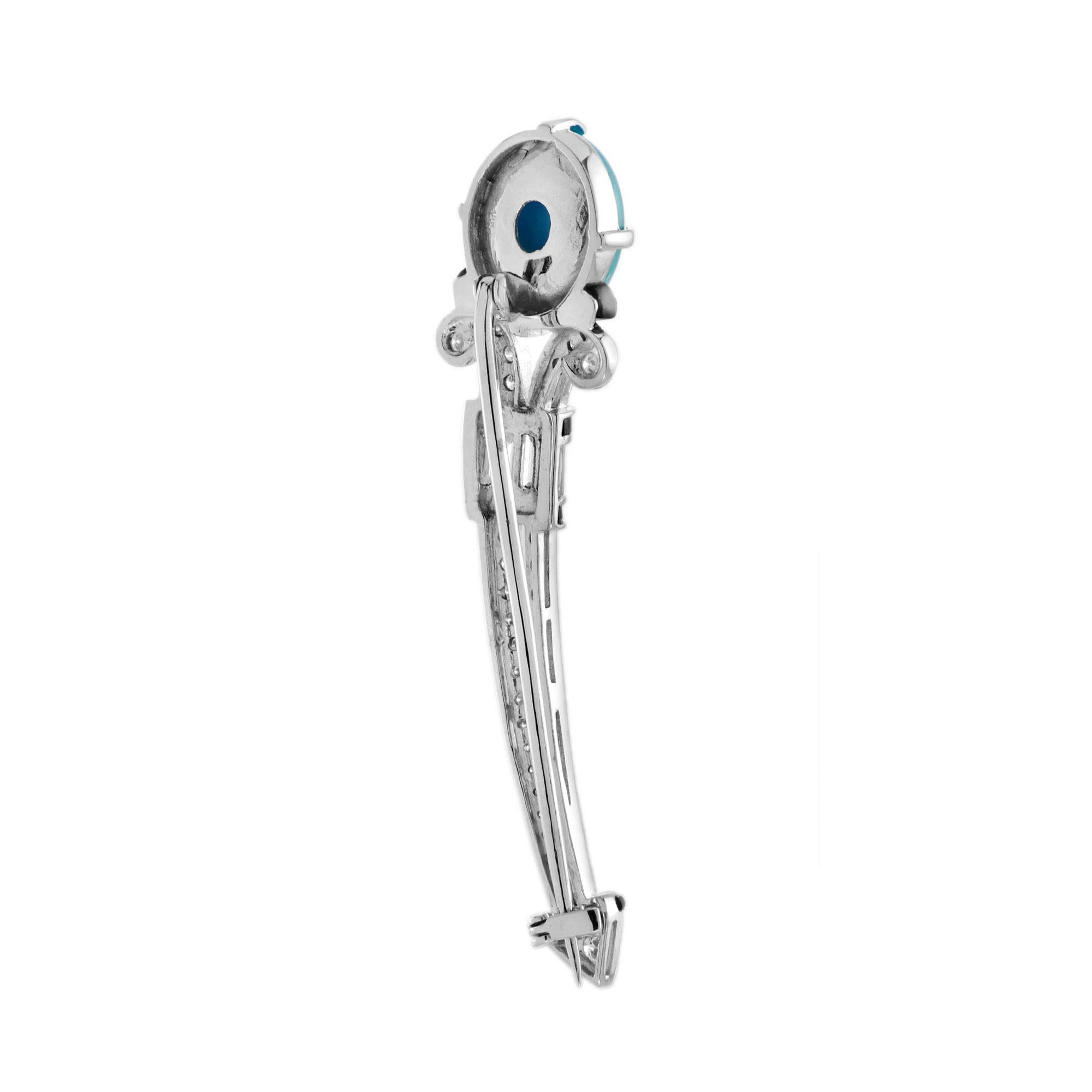 Art Déco Teal Blue Turquoise Diamond Onyx Art Deco Style 14K White Gold Pin Brooch in vendita