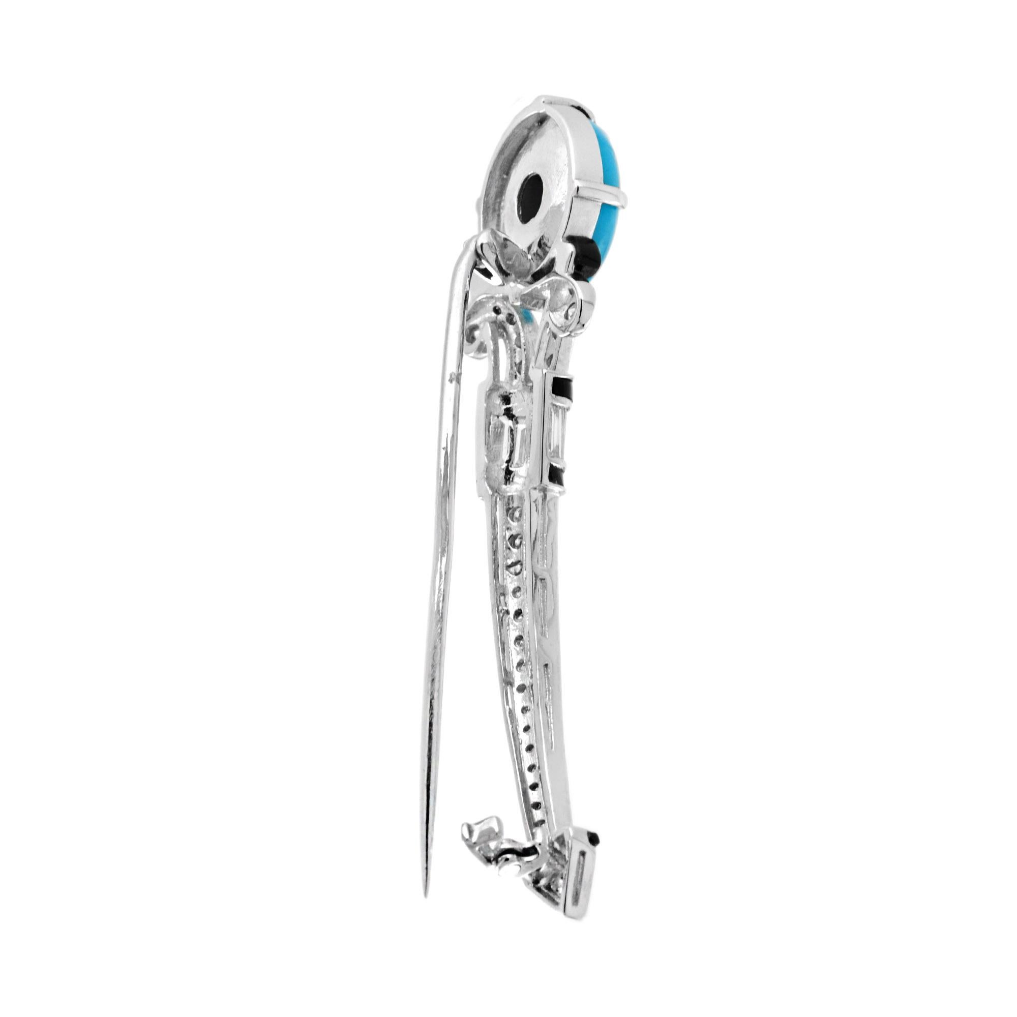 Cabochon Teal Blue Turquoise Diamond Onyx Art Deco Style 14K White Gold Pin Brooch in vendita
