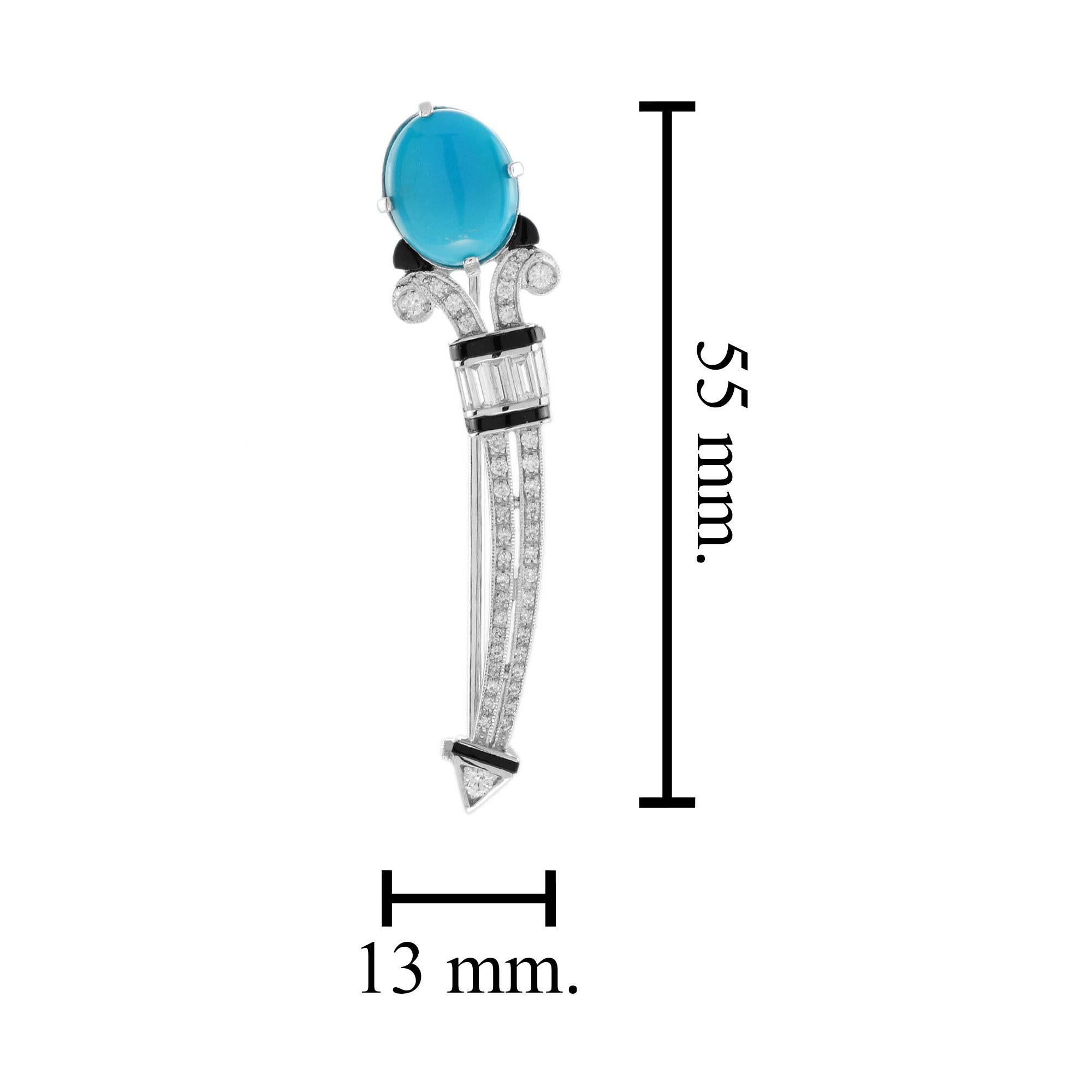 Teal Blue Turquoise Diamond Onyx Art Deco Style 14K White Gold Pin Brooch In condizioni Nuovo in vendita a Oakton, VA