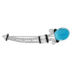 Teal Blue Turquoise Diamond Onyx Art Deco Style 14K White Gold Pin Brooch