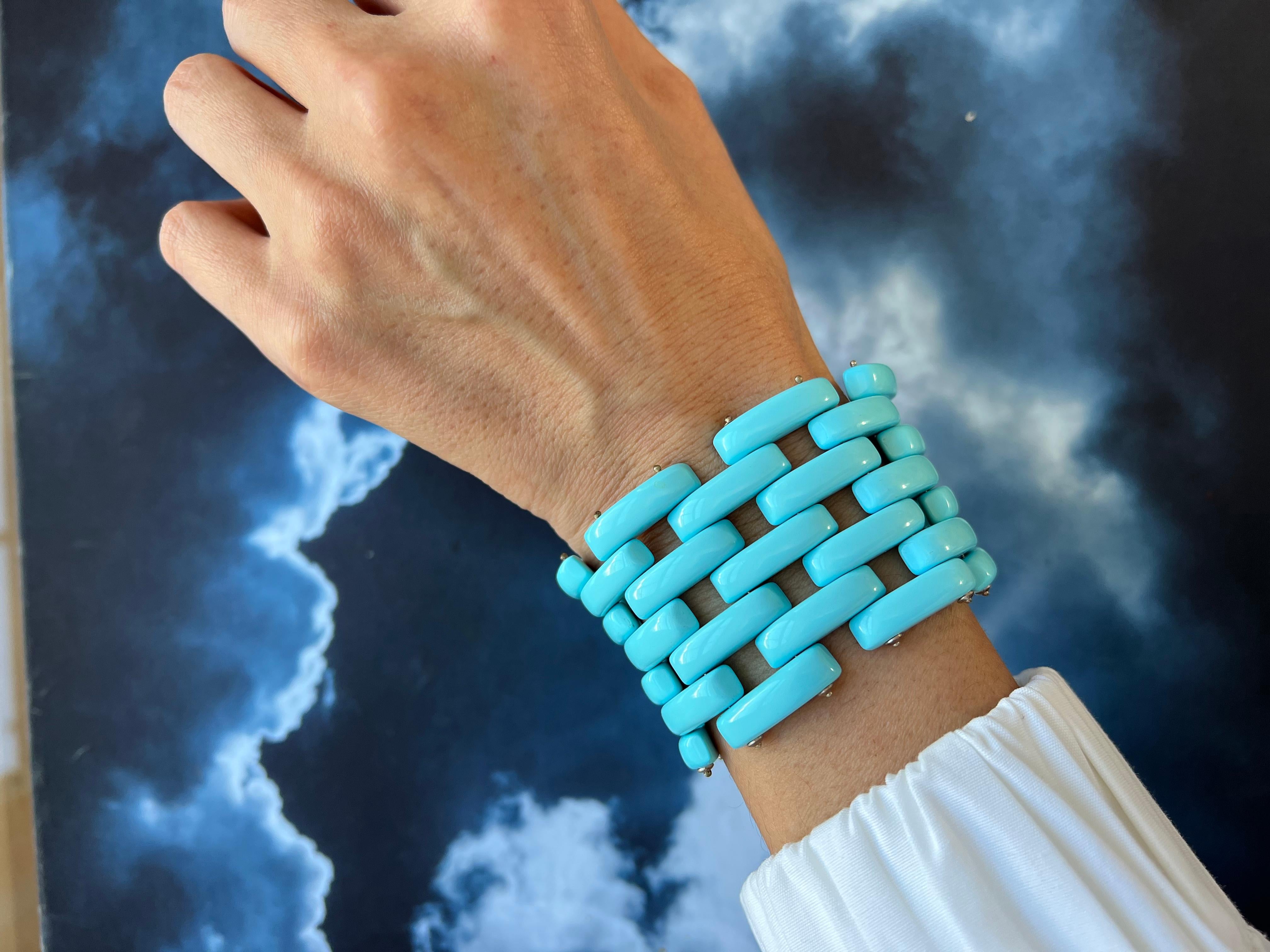 Teal Blue Turquoise Fancy Cabochon Elongated Link Wide Unique Statement Bracelet For Sale 4