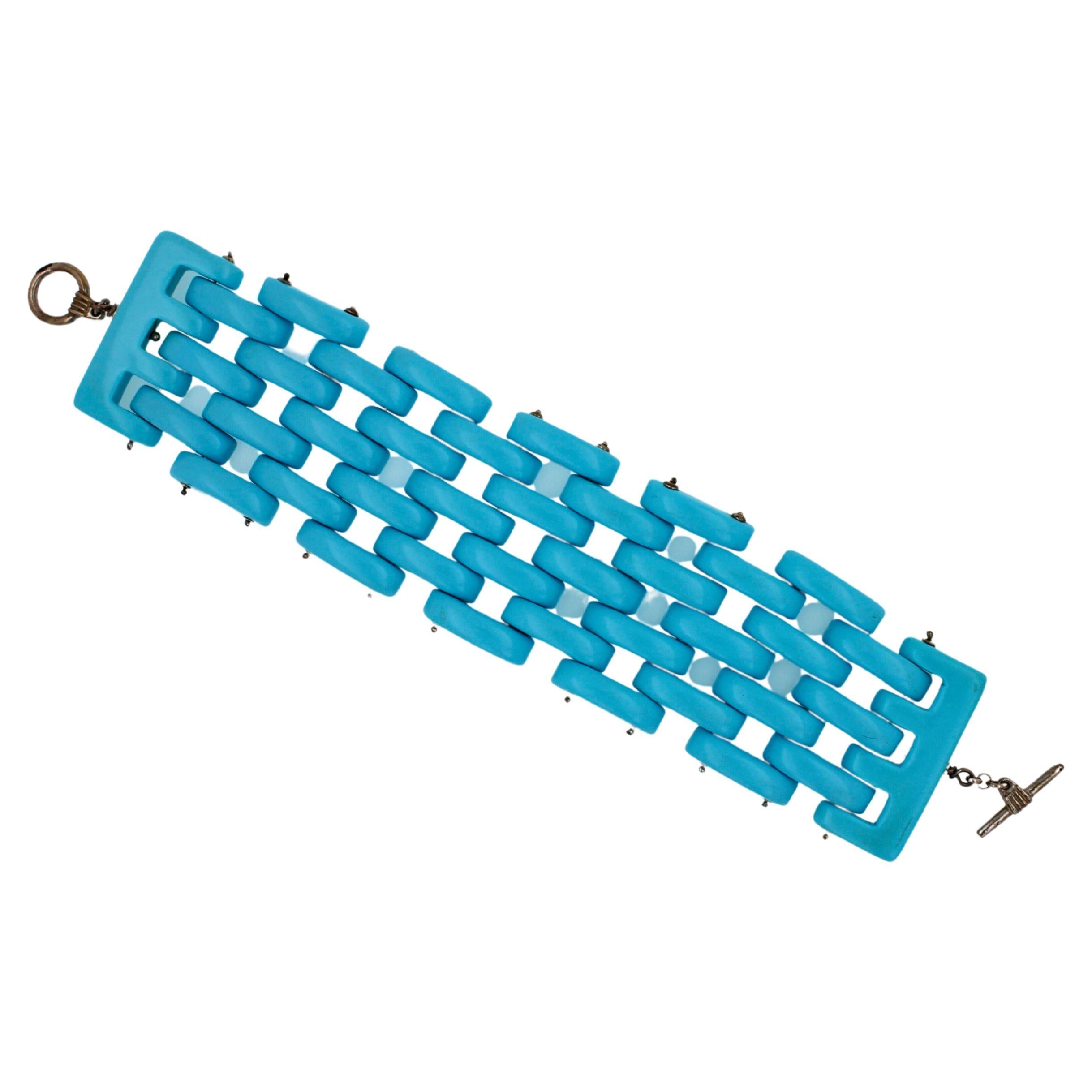 Women's or Men's Teal Blue Turquoise Fancy Cabochon Elongated Link Wide Unique Statement Bracelet For Sale