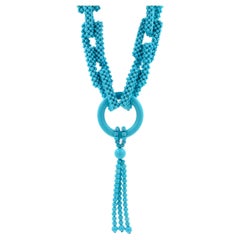 Teal Blue Turquoise Round Fancy Beads Long Tie Unique Tassel Statement Necklace