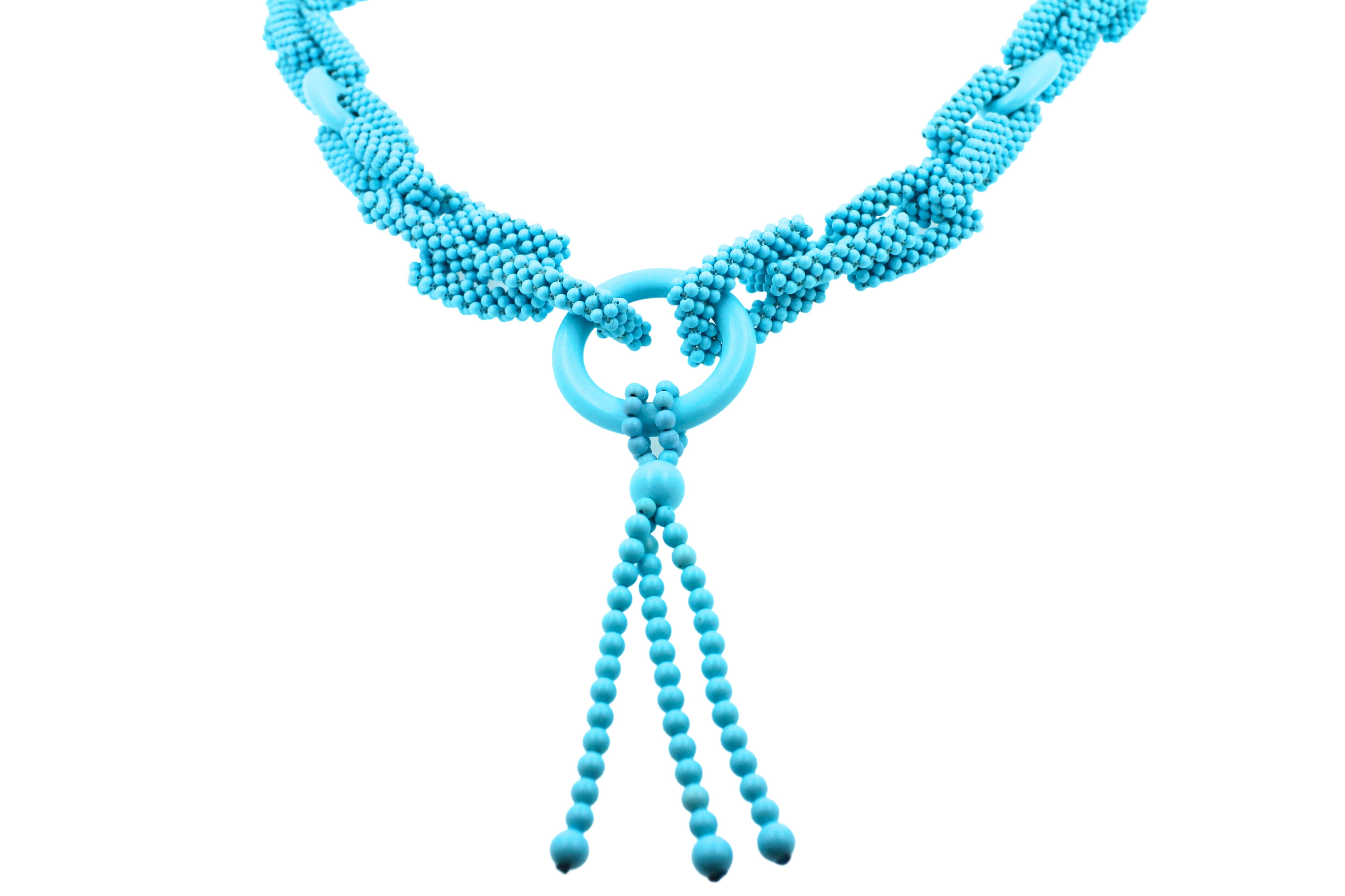 Teal Blau Türkis Runde Fancy Perlen Lange Krawatte Einzigartige Quaste Statement-Halskette (Kugelschliff) im Angebot