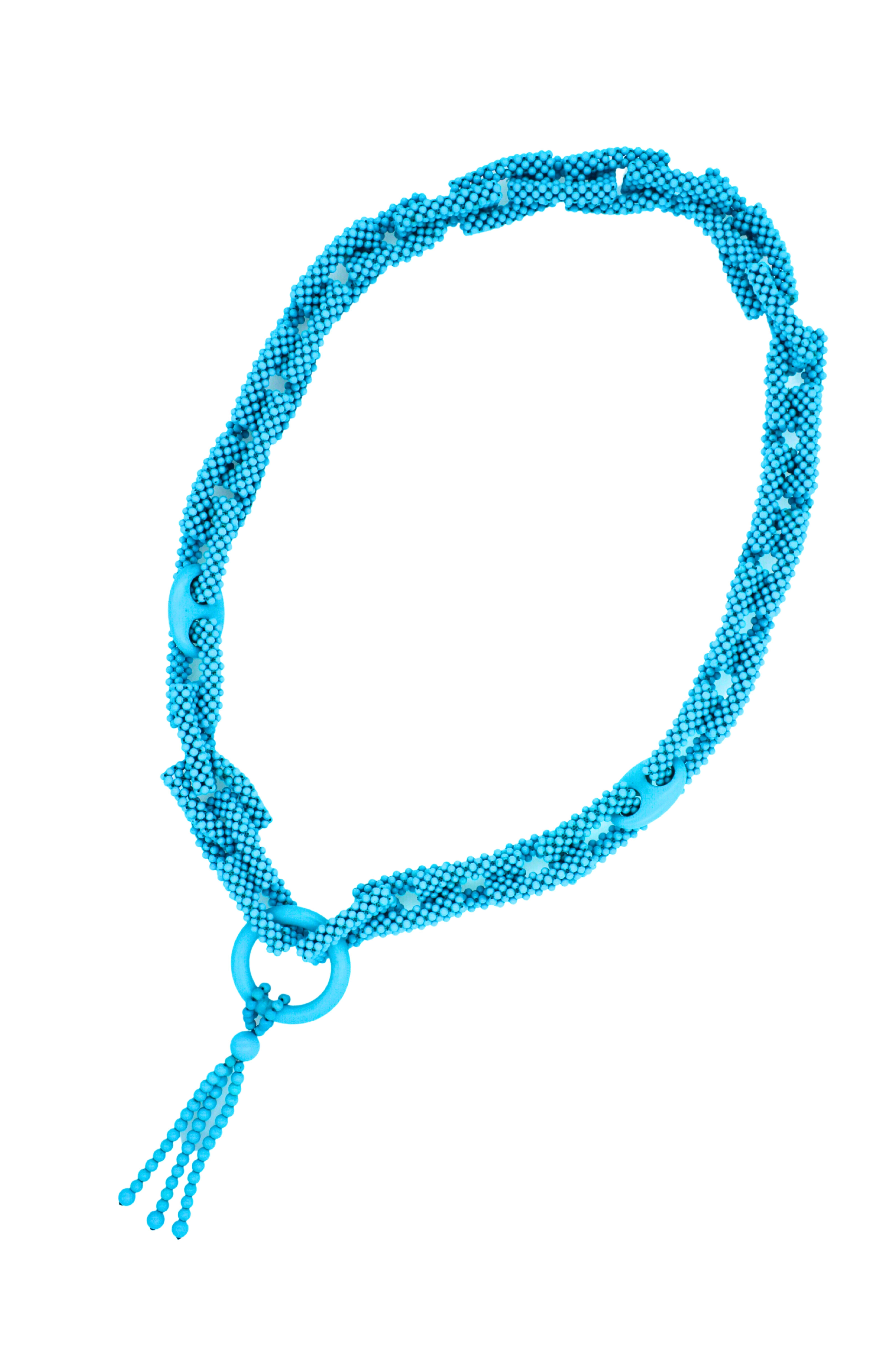 Art Deco Teal Blue Turquoise Round Fancy Beads Long Tie Unique Tassel Statement Necklace For Sale