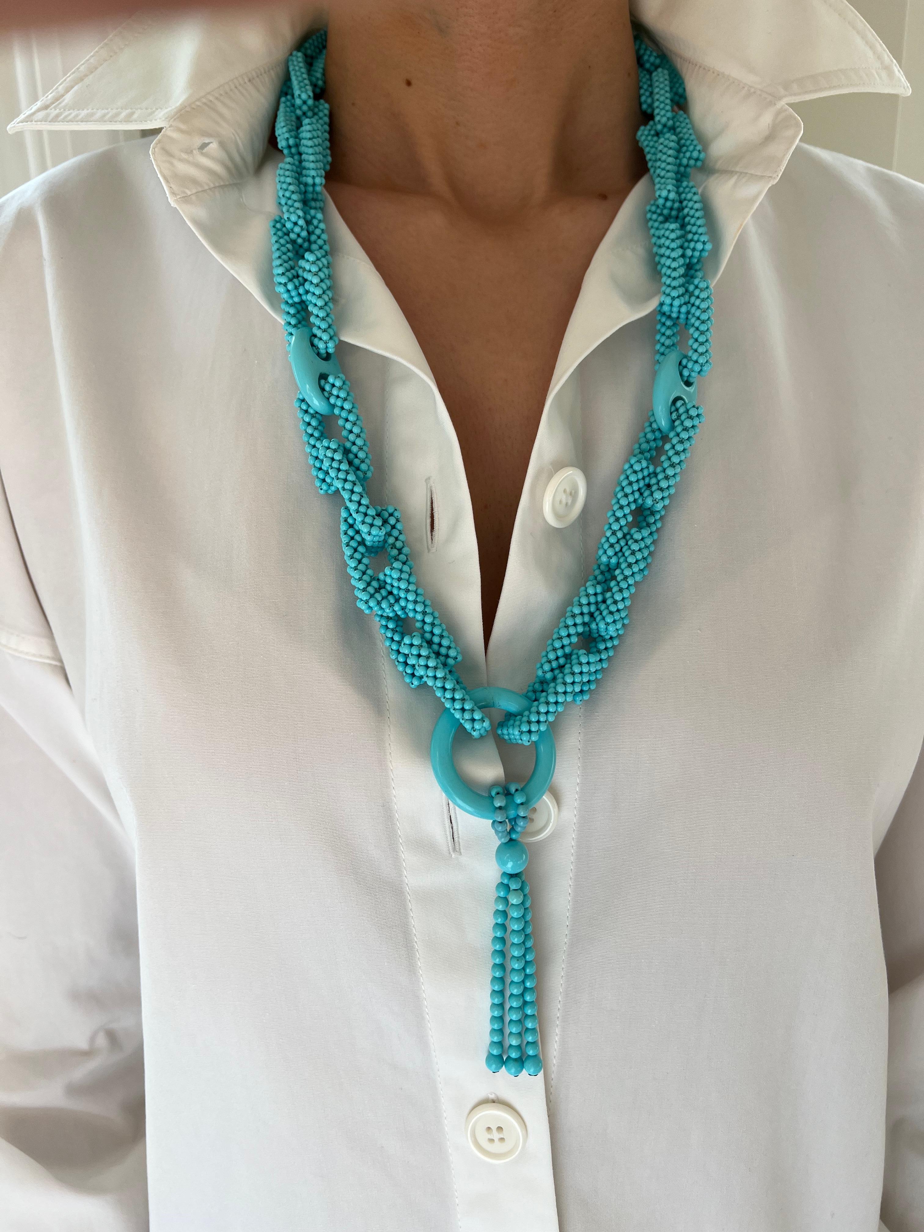 Women's or Men's Teal Blue Turquoise Round Fancy Beads Long Tie Unique Tassel Statement Necklace For Sale