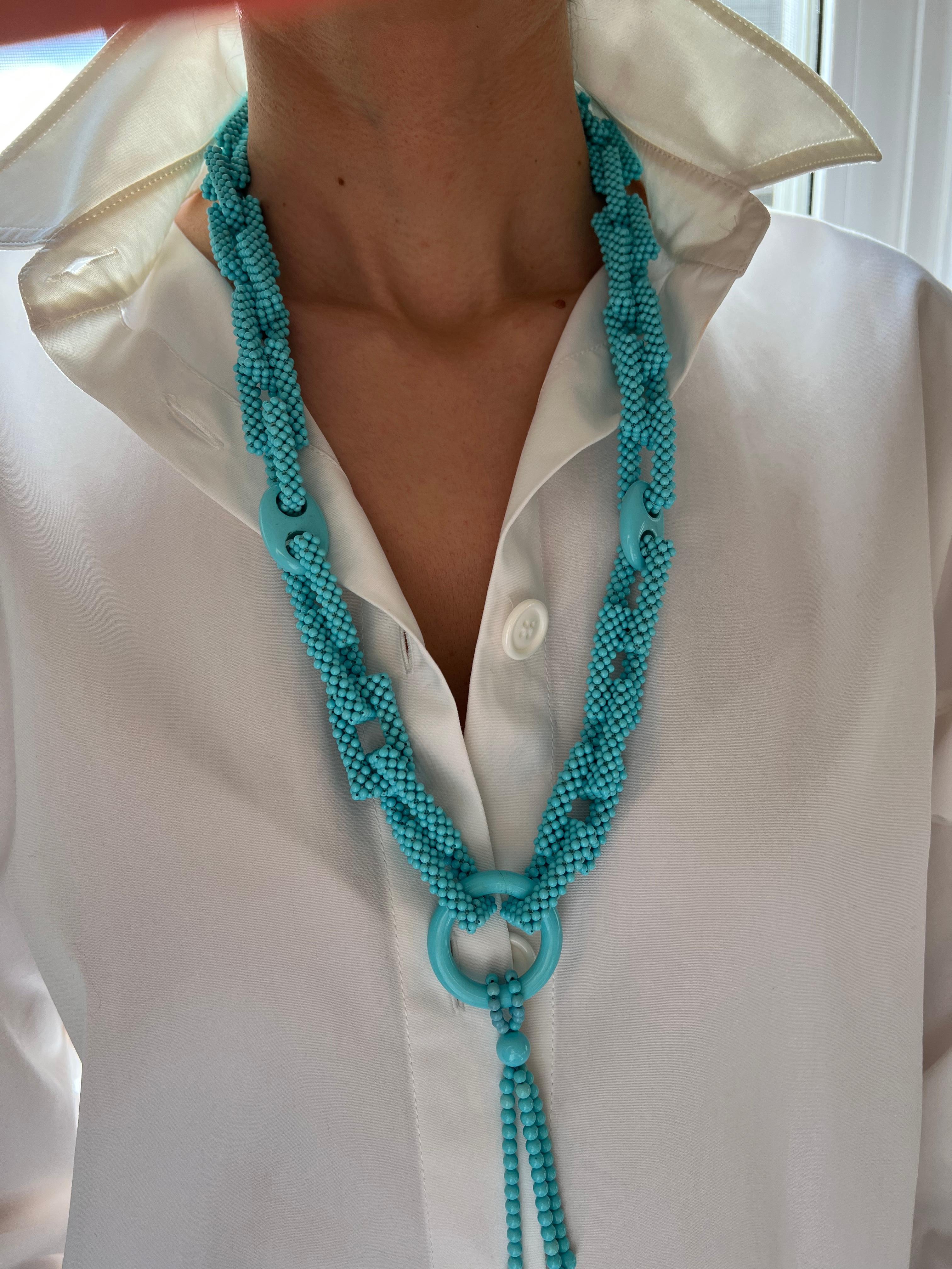 Teal Blue Turquoise Round Fancy Beads Long Tie Unique Tassel Statement Necklace For Sale 1