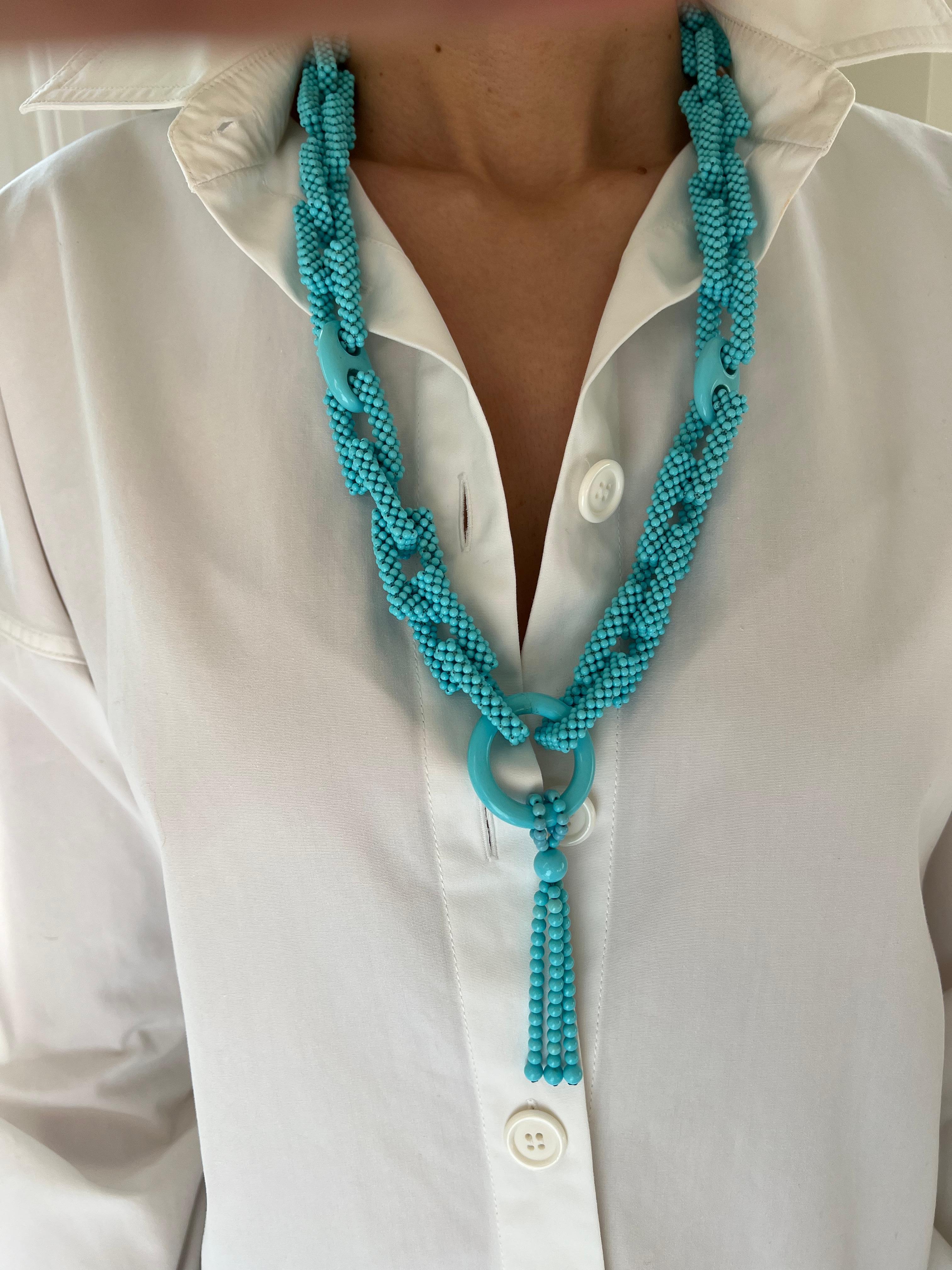 Teal Blue Turquoise Round Fancy Beads Long Tie Unique Tassel Statement Necklace For Sale 2
