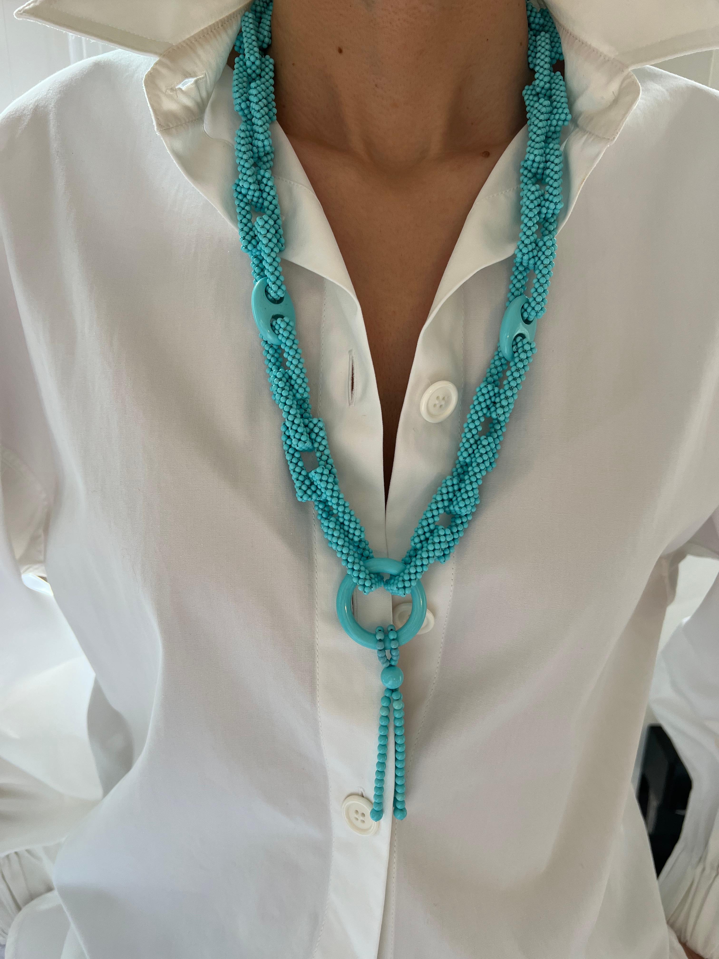 Teal Blue Turquoise Round Fancy Beads Long Tie Unique Tassel Statement Necklace For Sale 3