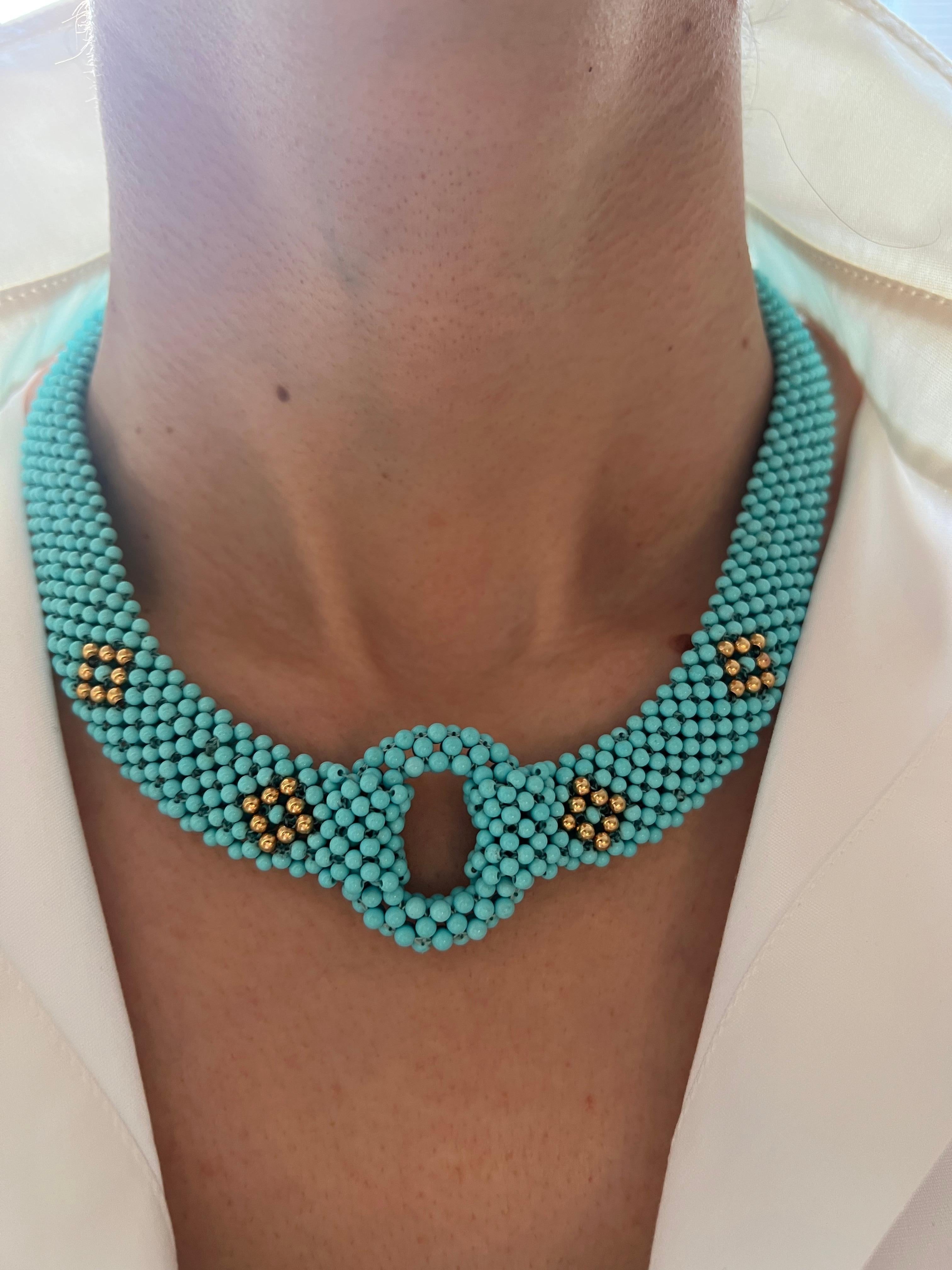 Teal Blue Turquoise Round Fancy Beads Unique Choker 14K Gold Statement Necklace For Sale 3