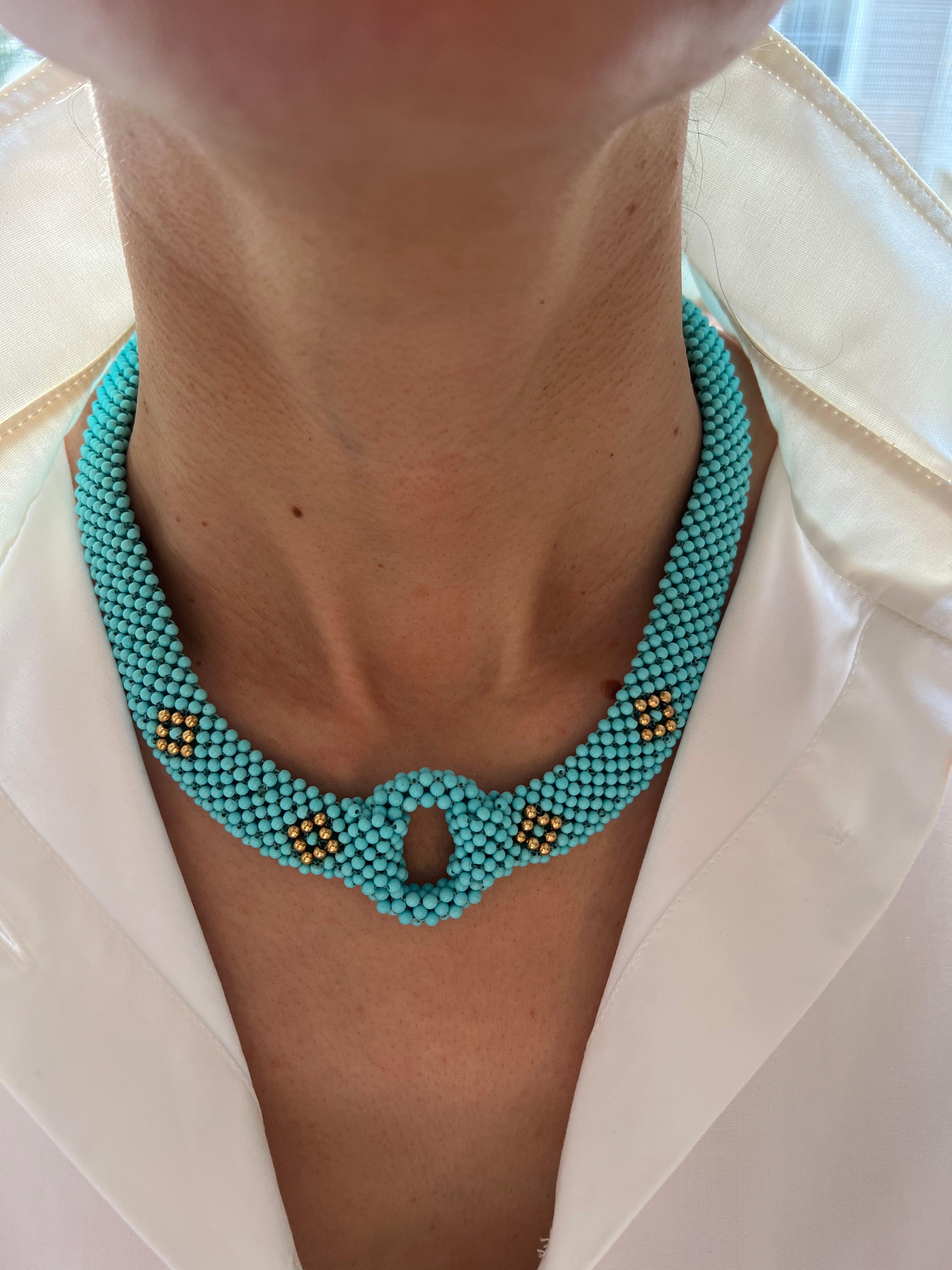 Teal Blue Turquoise Round Fancy Beads Unique Choker 14K Gold Statement Necklace For Sale 4