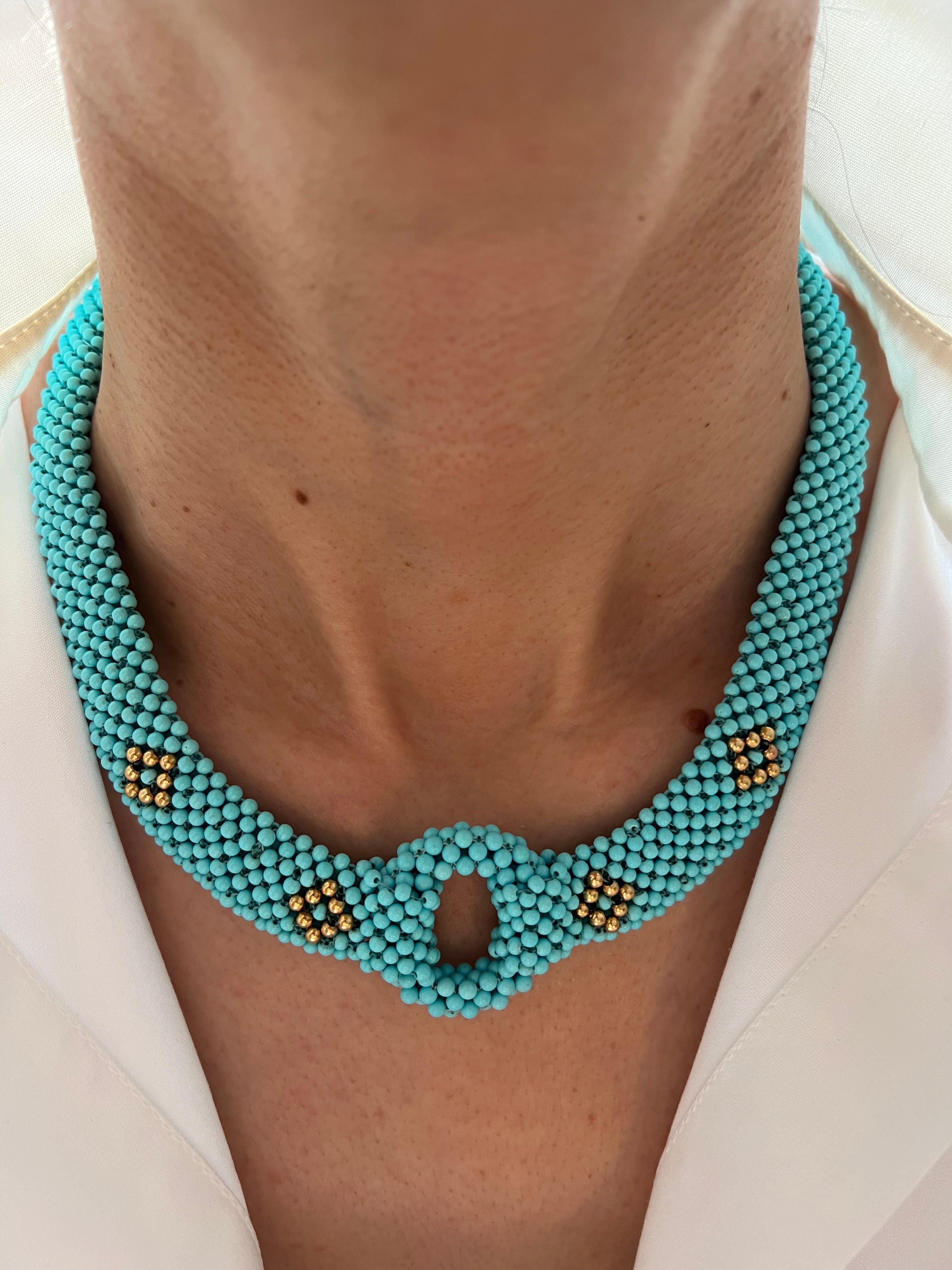 Teal Blue Turquoise Round Fancy Beads Unique Choker 14K Gold Statement Necklace For Sale 5