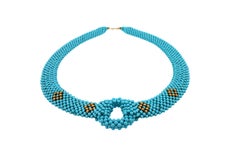 Teal Blue Turquoise Round Fancy Beads Unique Choker 14K Gold Statement Necklace