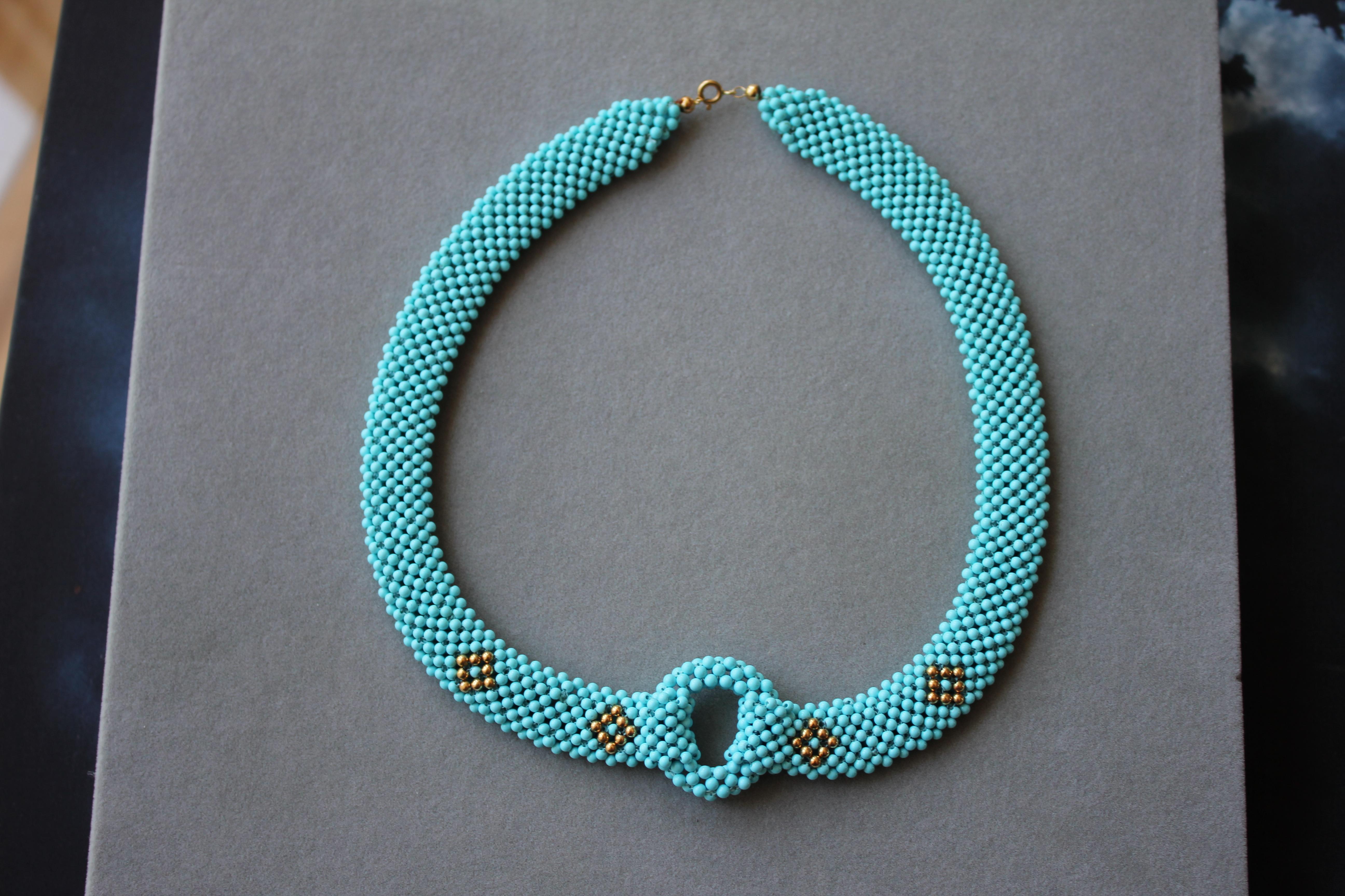 Teal Blue Turquoise Round Fancy Beads Unique Choker 14K Gold Statement Necklace In New Condition For Sale In Oakton, VA