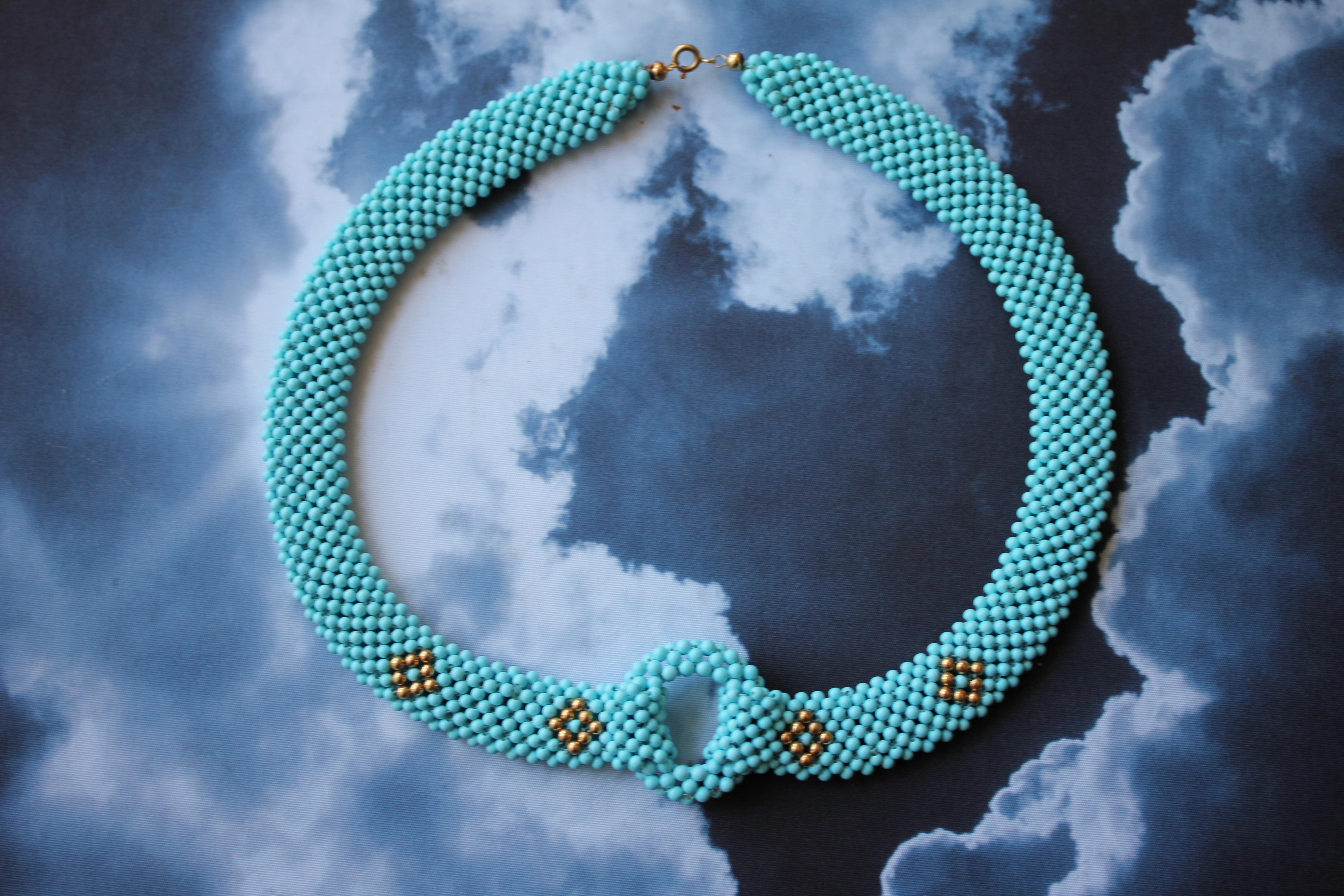 Women's or Men's Teal Blue Turquoise Round Fancy Beads Unique Choker 14K Gold Statement Necklace For Sale