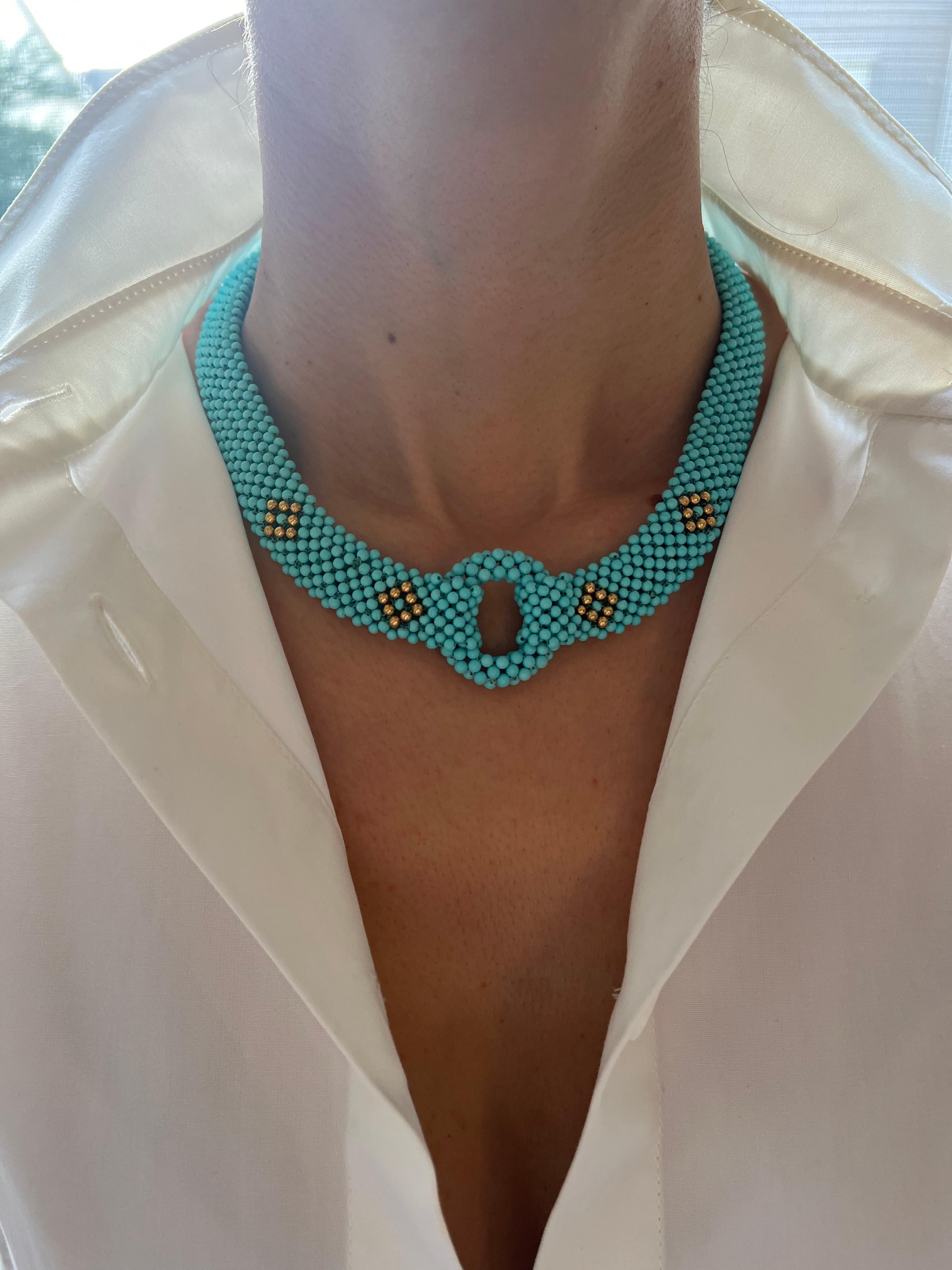 Teal Blue Turquoise Round Fancy Beads Unique Choker 14K Gold Statement Necklace For Sale 1