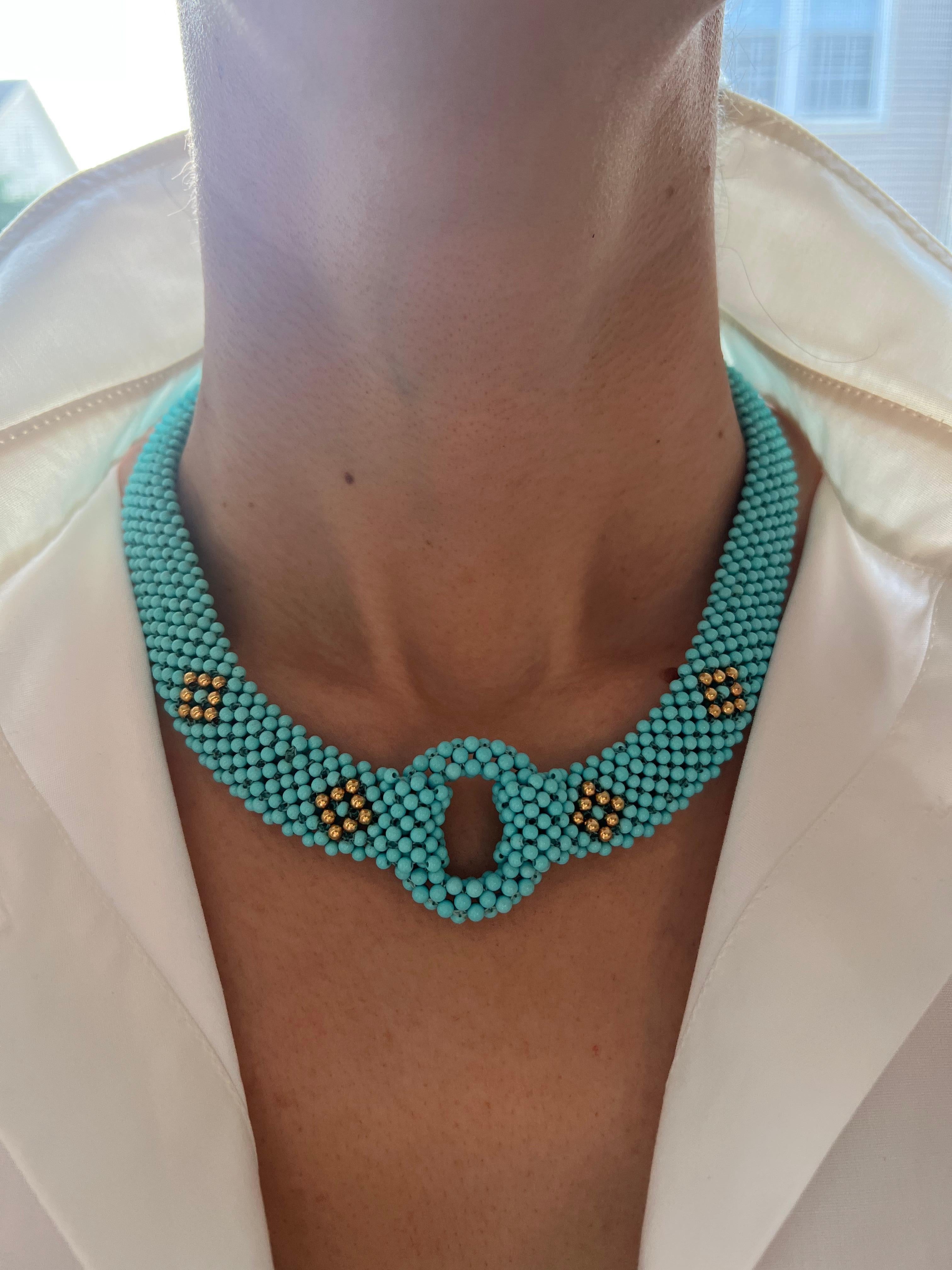Teal Blue Turquoise Round Fancy Beads Unique Choker 14K Gold Statement Necklace For Sale 2