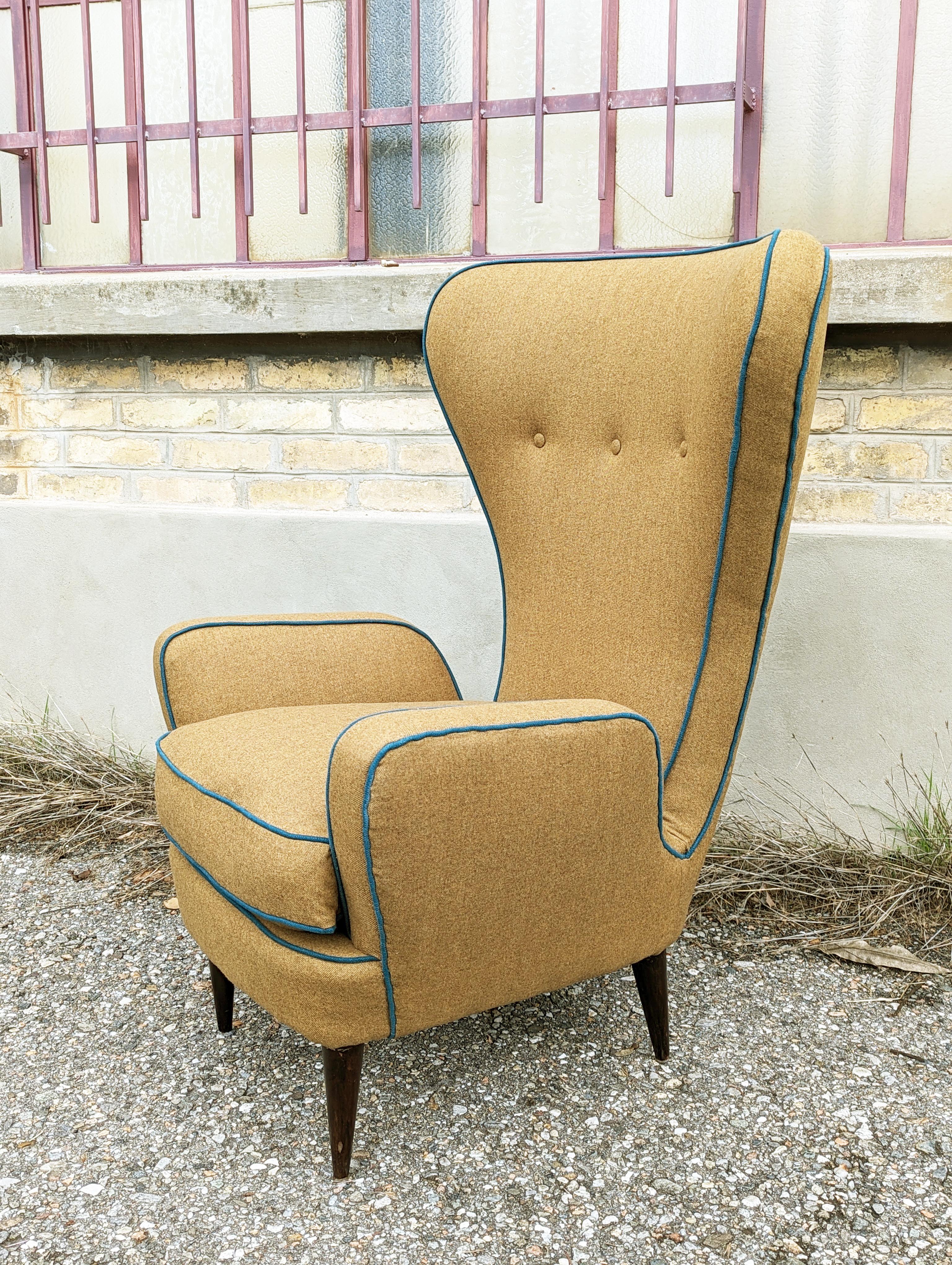 Teal & brown fabric 1950s highback armchair by Sala & Madini for Galimberti  For Sale 2