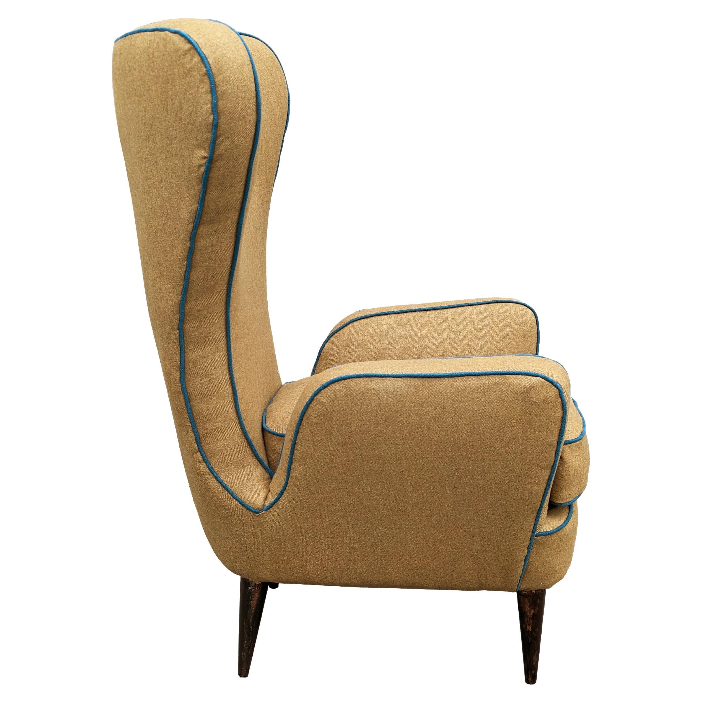 Teal & brown fabric 1950s highback armchair by Sala & Madini for Galimberti  For Sale