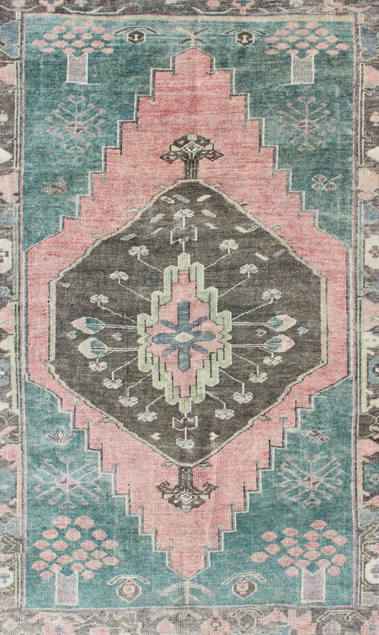 Mid-20th Century Teal, Brown & Salmon-Colored Vintage Turkish Oushak Rug With Geometric Medallion For Sale