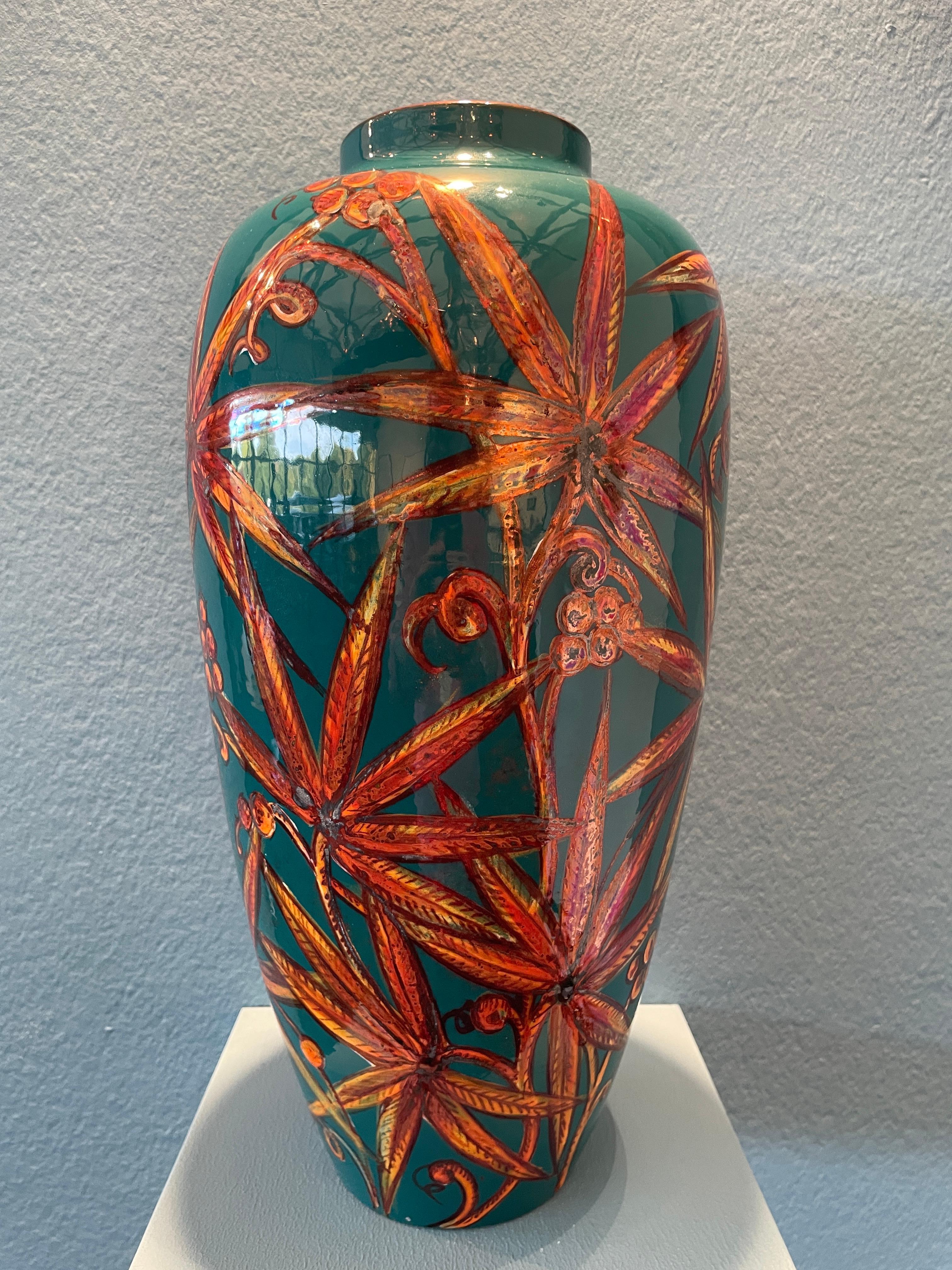 Teal Keramik Vase mit Blumendekor Hand bemalt Majolika Italien Zeitgenössisch (Italienisch) im Angebot