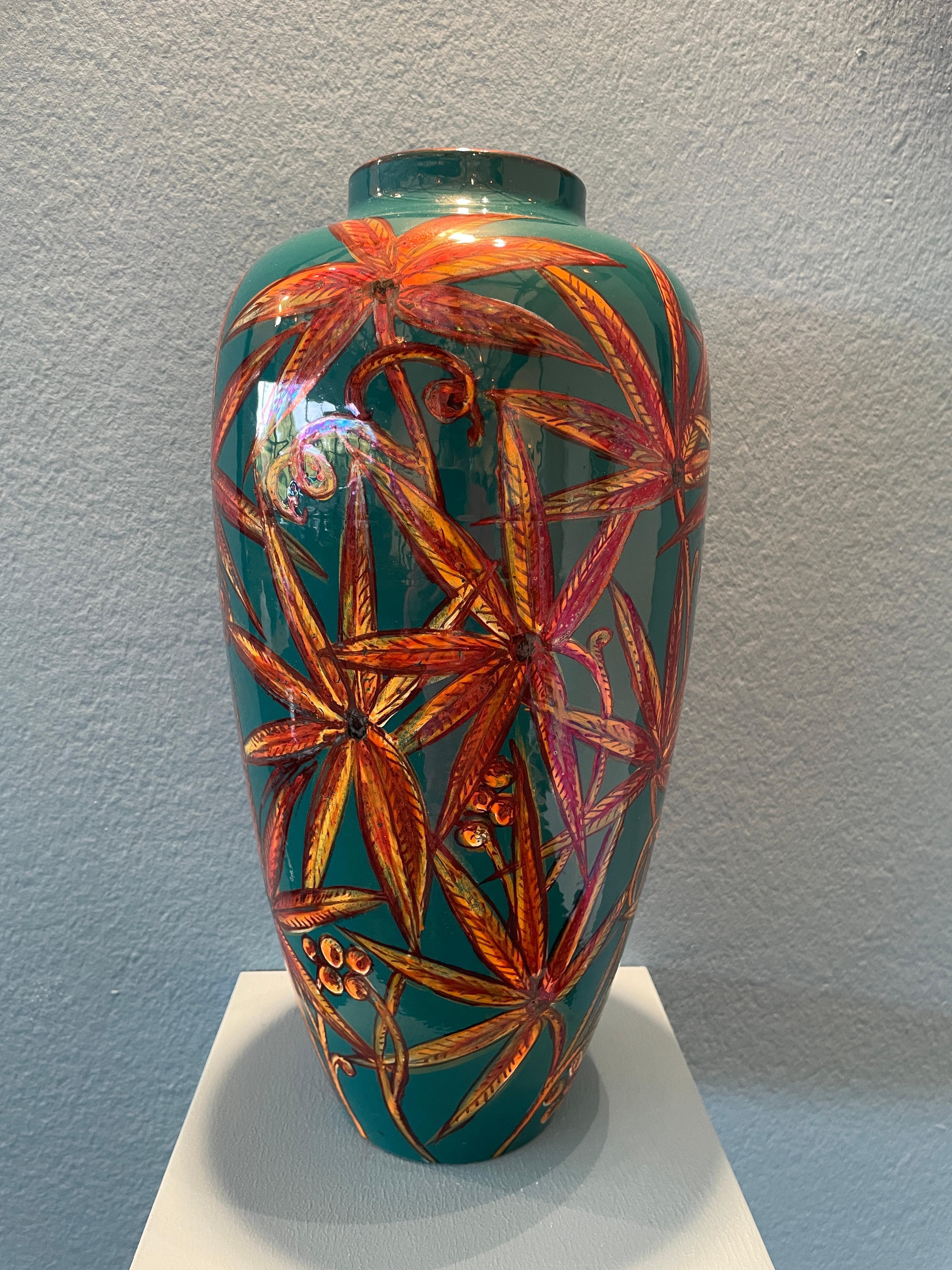 Teal Ceramic Vase with Floral Decor Hand Painted Majolica Italy Contemporary In New Condition For Sale In London, GB