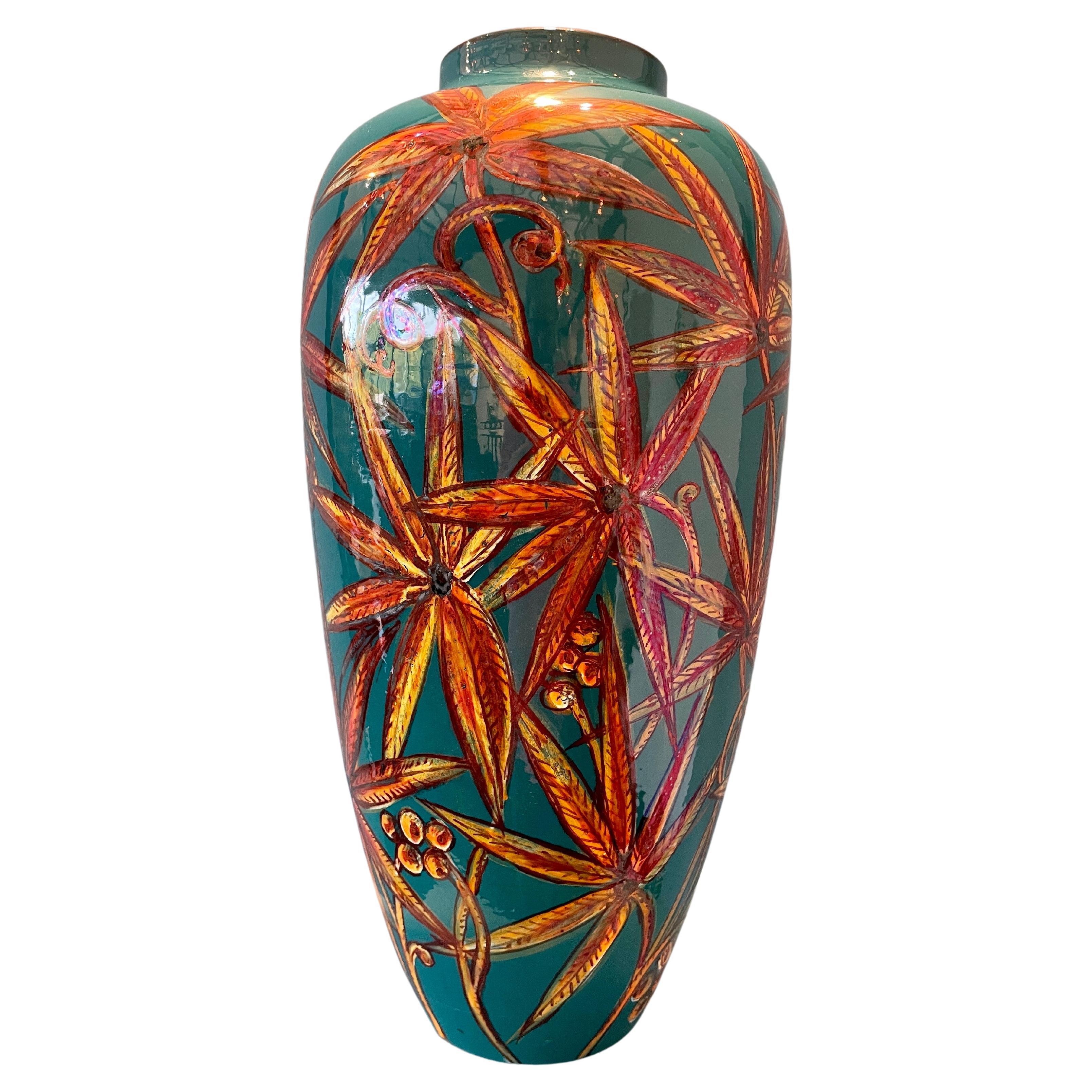 Teal Ceramic Vase with Floral Decor Hand Painted Majolica Italy Contemporary For Sale