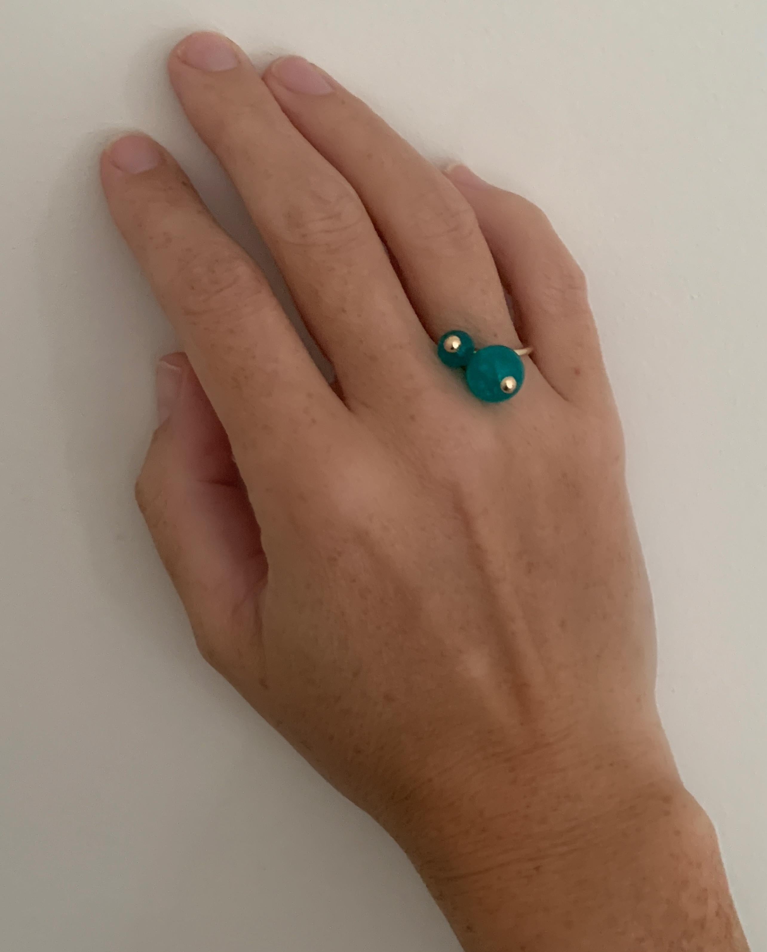 Bead Teal Chalcedony Graduated Sweetie Ring in Yellow Gold For Sale