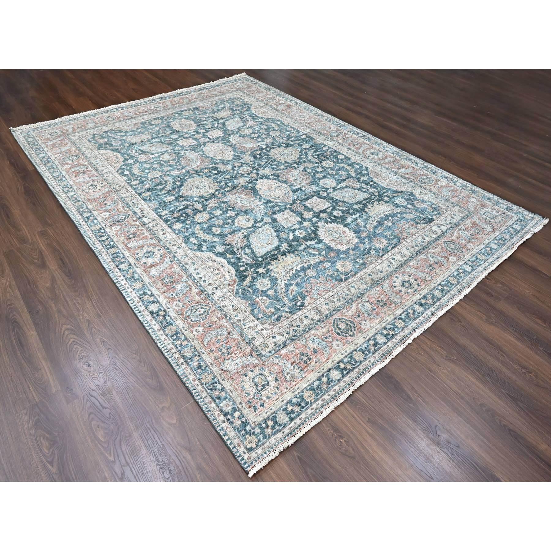 Indian Teal Color Antiqued Tabriz Design Distressed Hand Knotted All Wool Rug 9'x11'10
