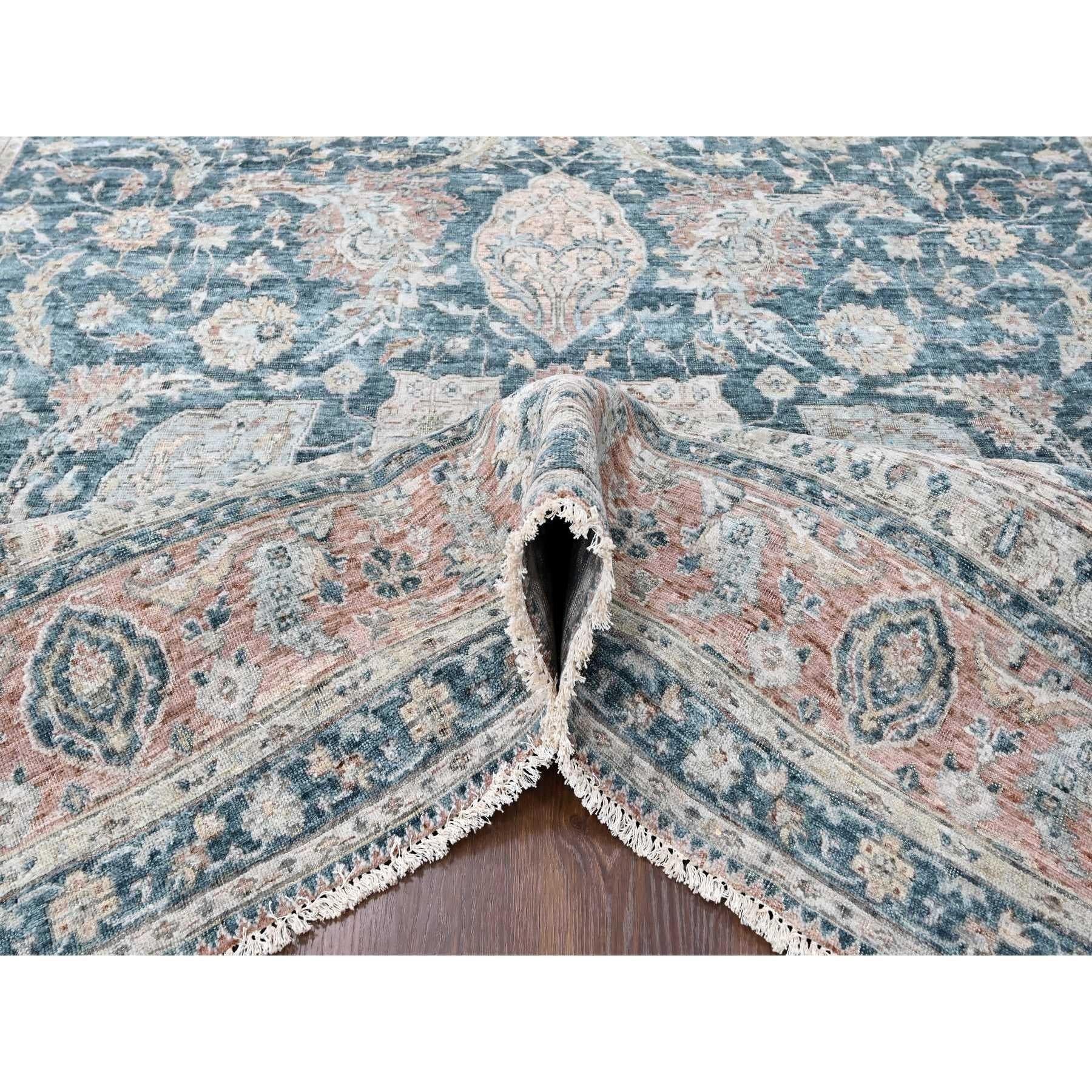 Teal Color Antiqued Tabriz Design Distressed Hand Knotted All Wool Rug 9'x11'10