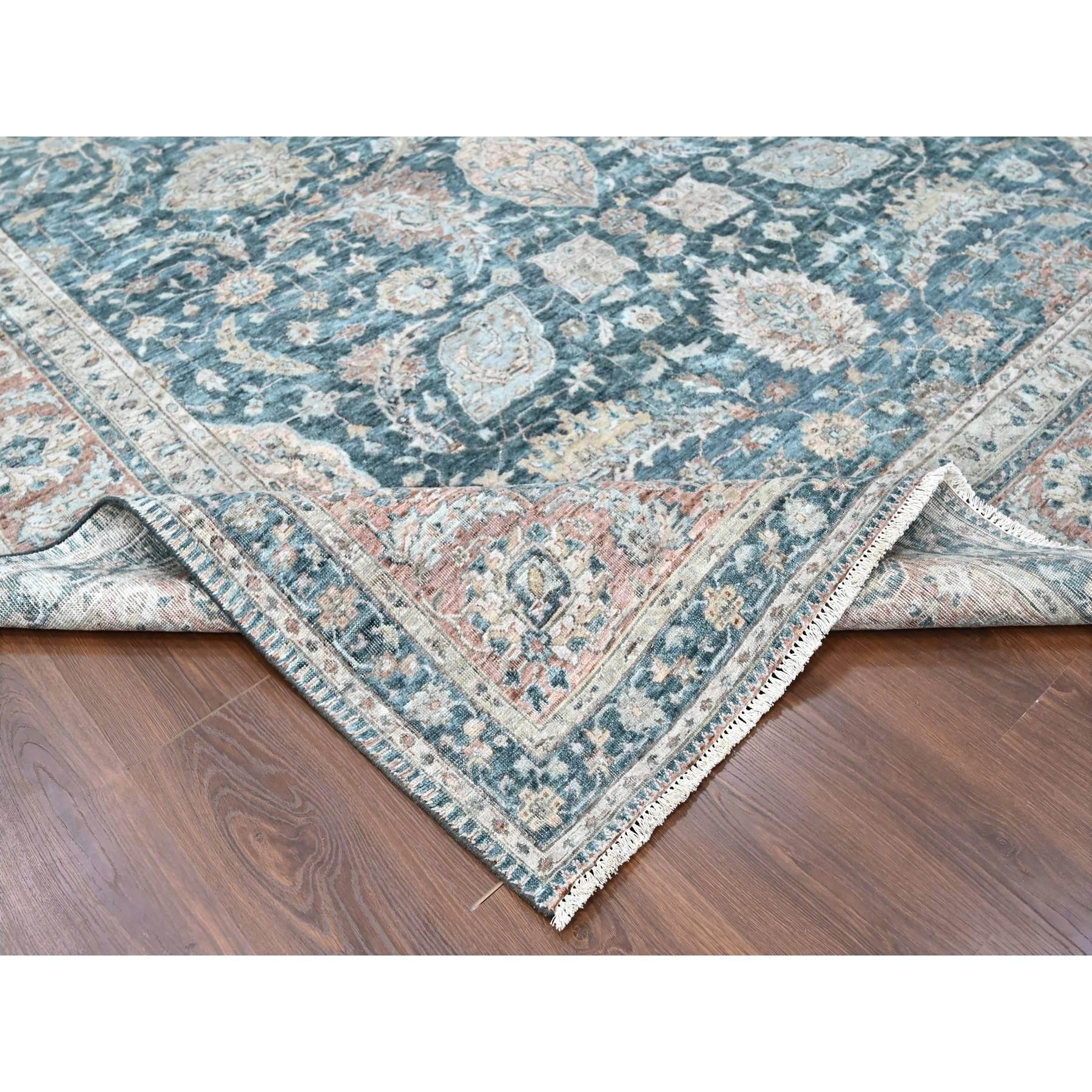 Contemporary Teal Color Antiqued Tabriz Design Distressed Hand Knotted All Wool Rug 9'x11'10