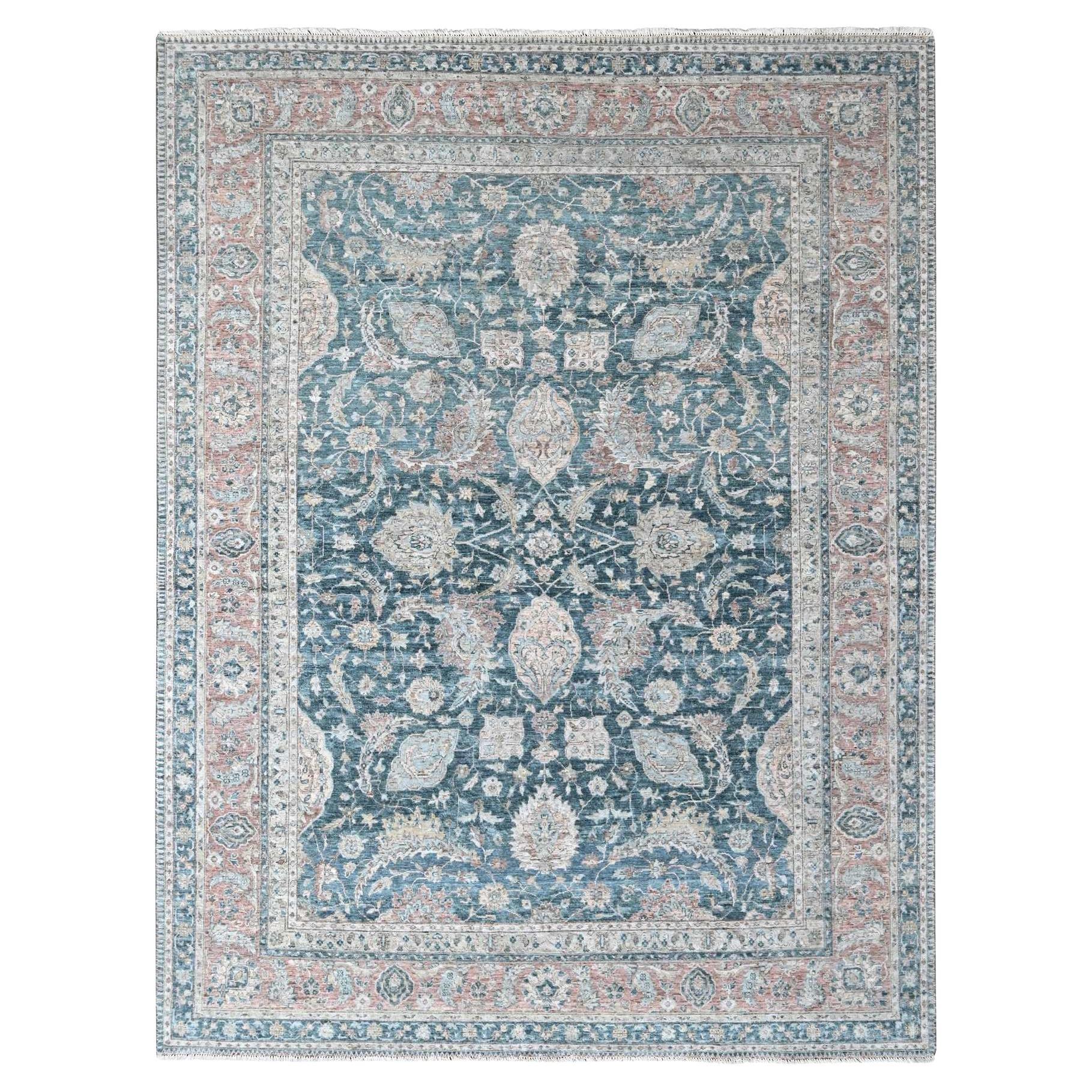 Tapis Tabriz de couleur sarcelle, vieilli, noué à la main, 9'x11'10"