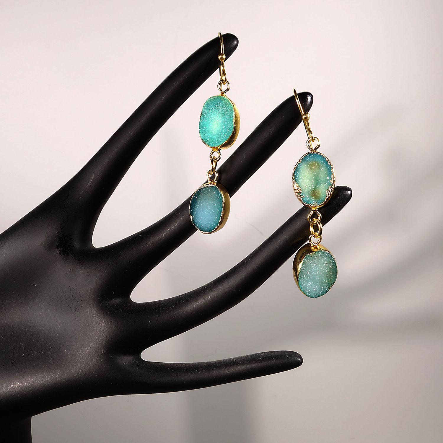 Women's or Men's Teal Color Druzy Dangle Earrings with Goldy Bezels