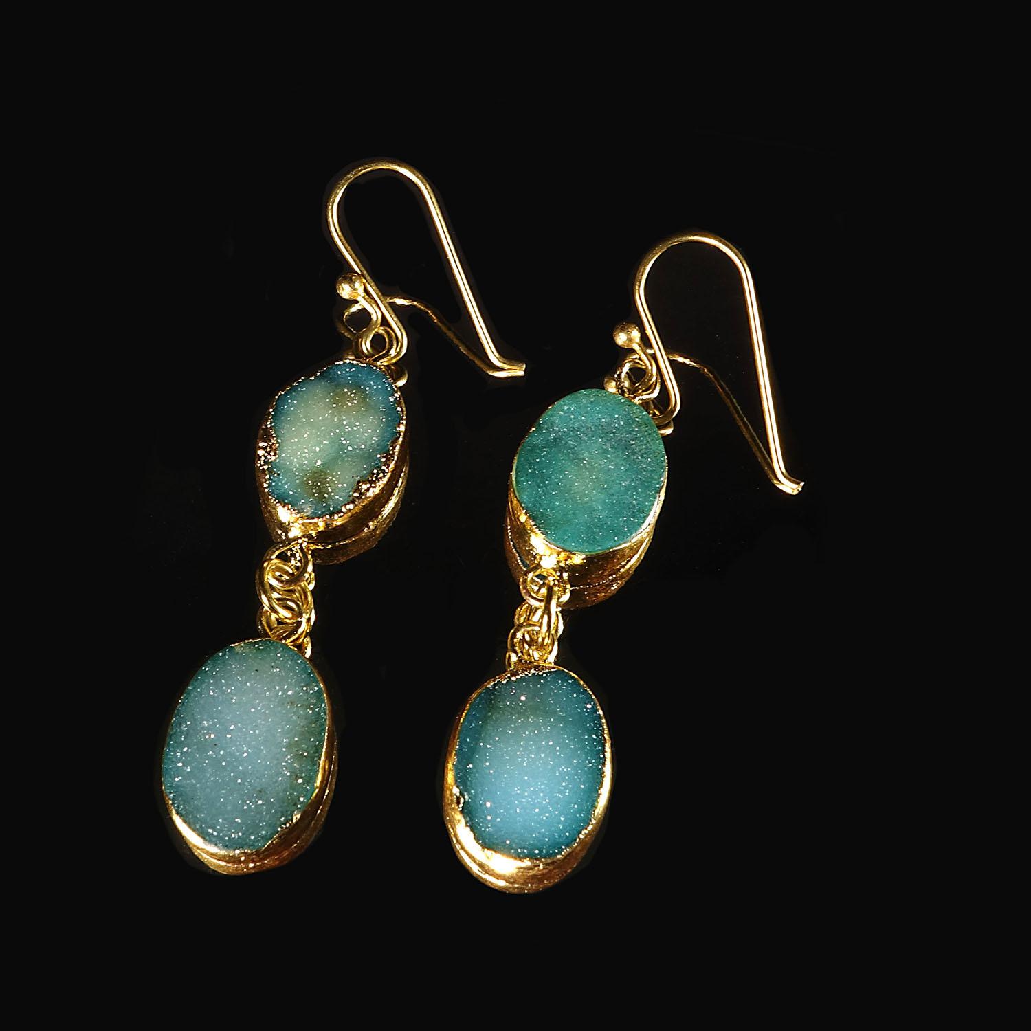 Teal Color Druzy Dangle Earrings with Goldy Bezels 1