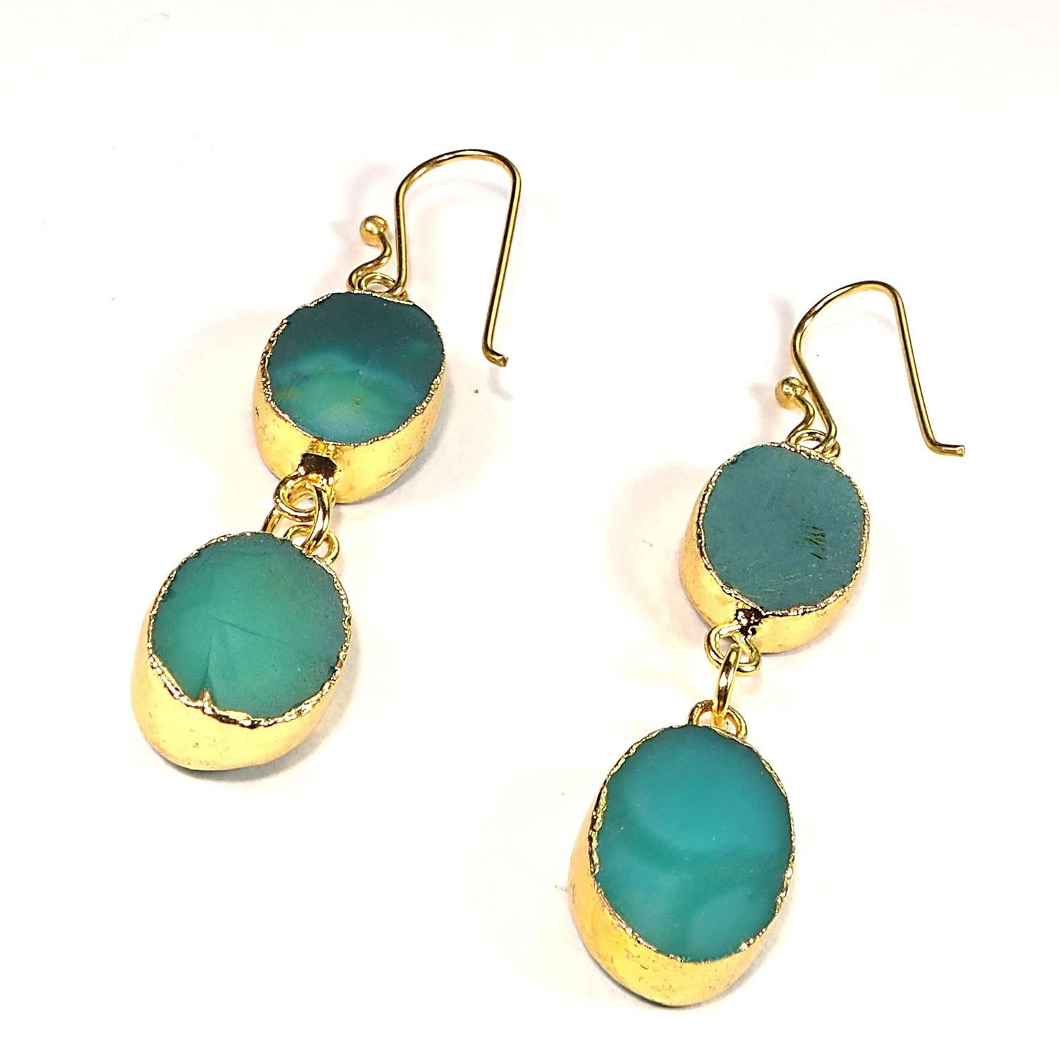 Teal Color Druzy Dangle Earrings with Goldy Bezels 2