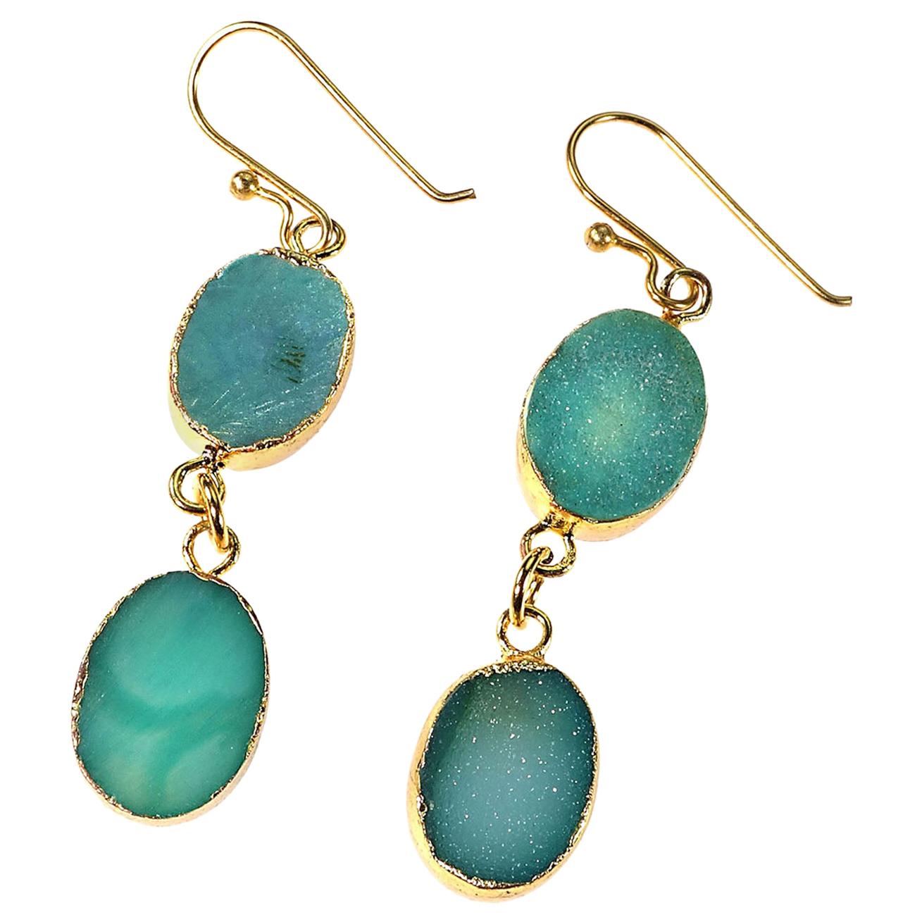 Teal Color Druzy Dangle Earrings with Goldy Bezels