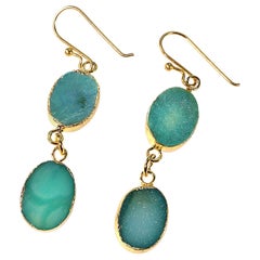 Teal Color Druzy Dangle Earrings with Goldy Bezels