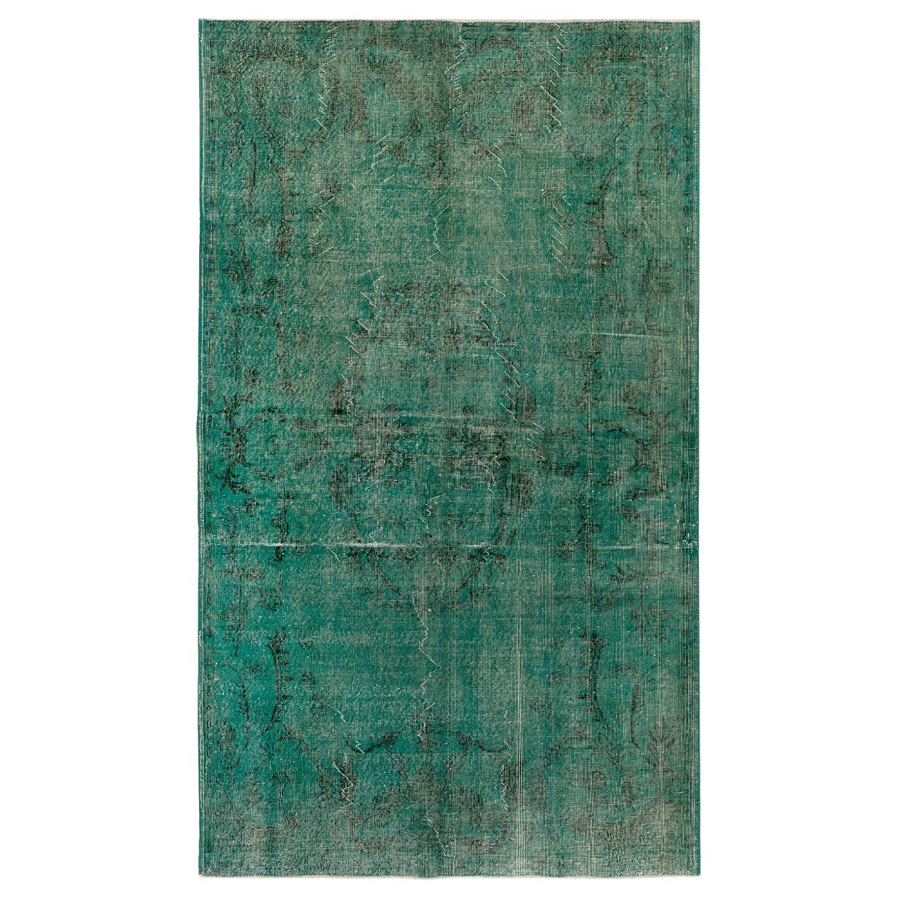 6x9 Teal Color OverDyed Distressed Vintage Rug. Wool Carpet for Modern Interiors For Sale