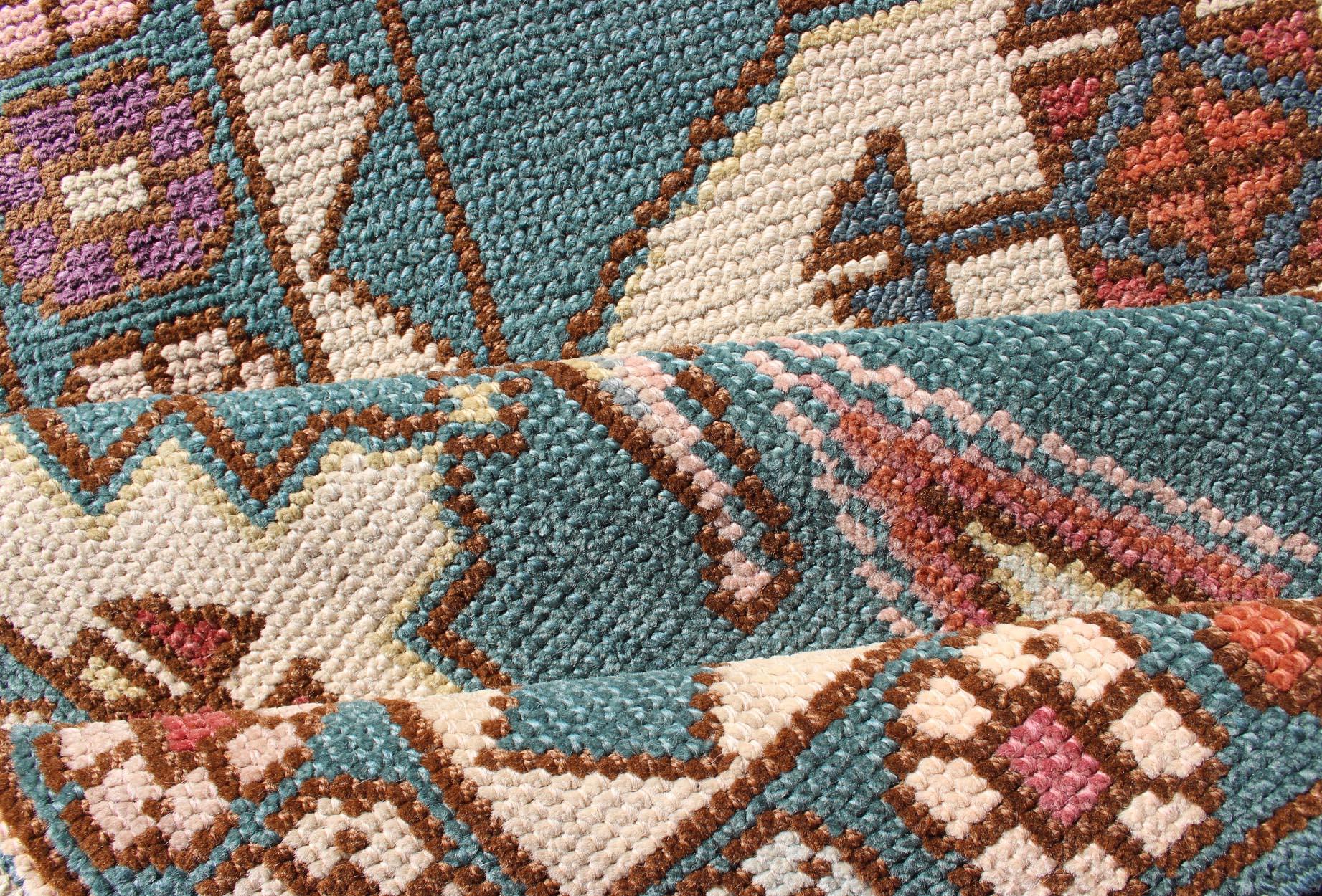 Teal Color Vintage Turkish Oushak Runner with Repeating Geometric Design For Sale 4