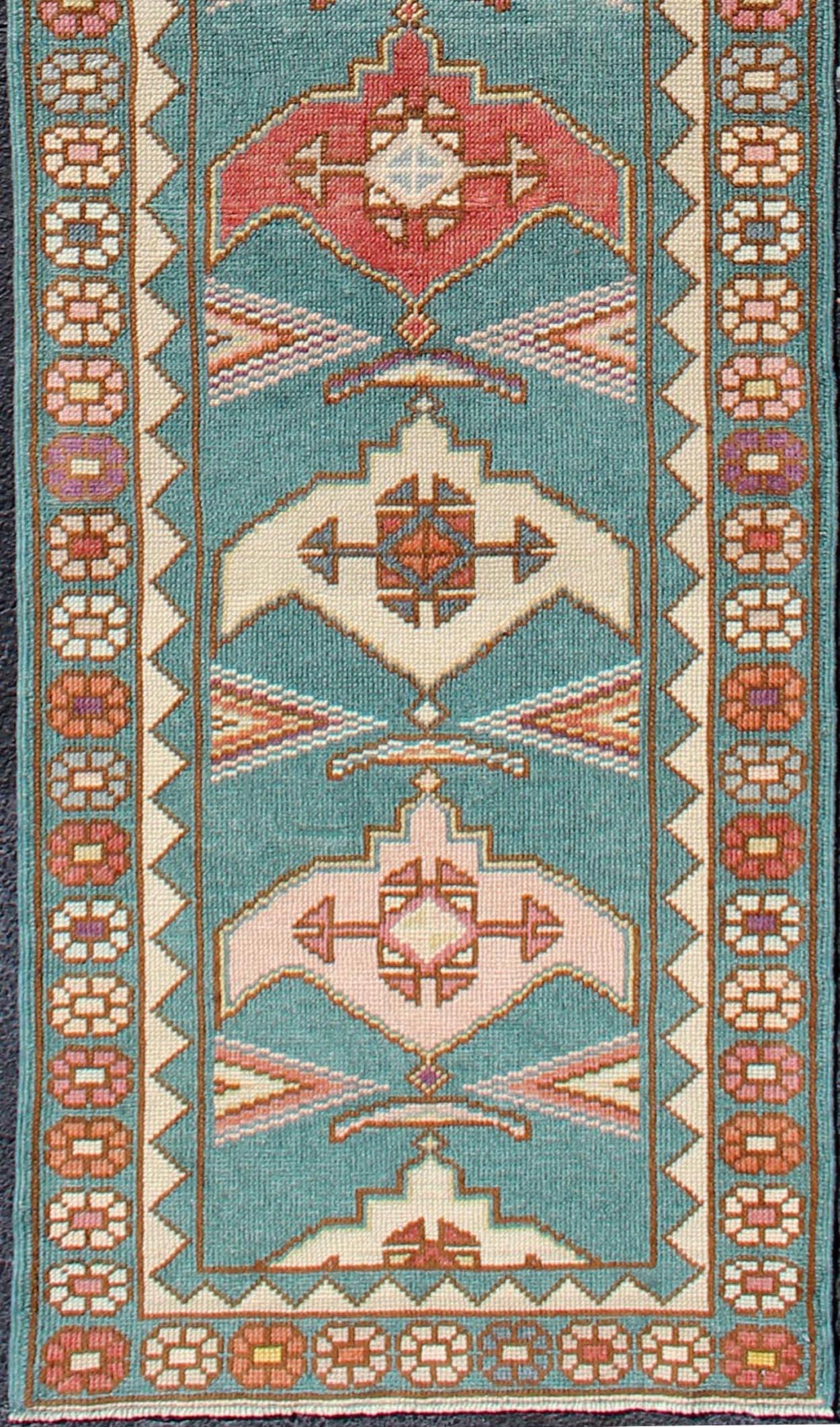 Hand-Knotted Teal Color Vintage Turkish Oushak Runner with Repeating Geometric Design For Sale