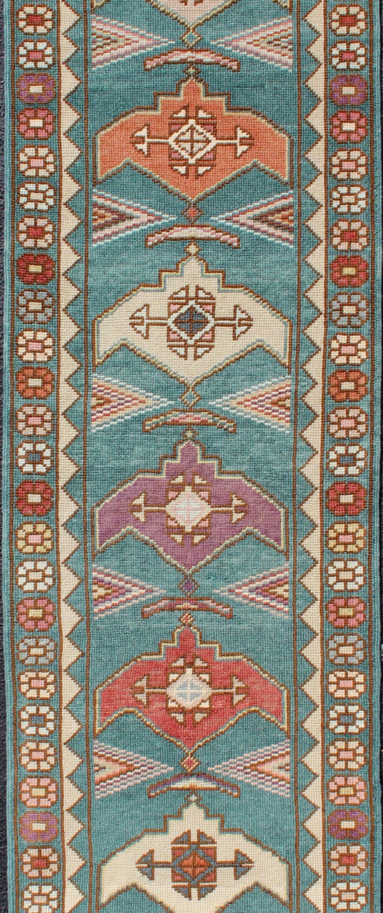 Teal Color Vintage Turkish Oushak Runner with Repeating Geometric Design In Good Condition For Sale In Atlanta, GA