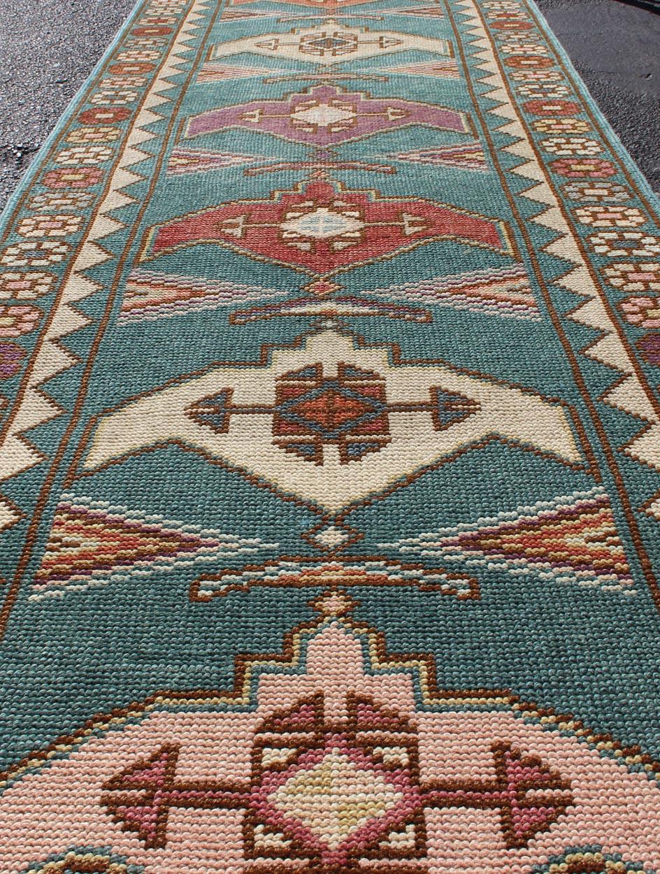 Wool Teal Color Vintage Turkish Oushak Runner with Repeating Geometric Design For Sale