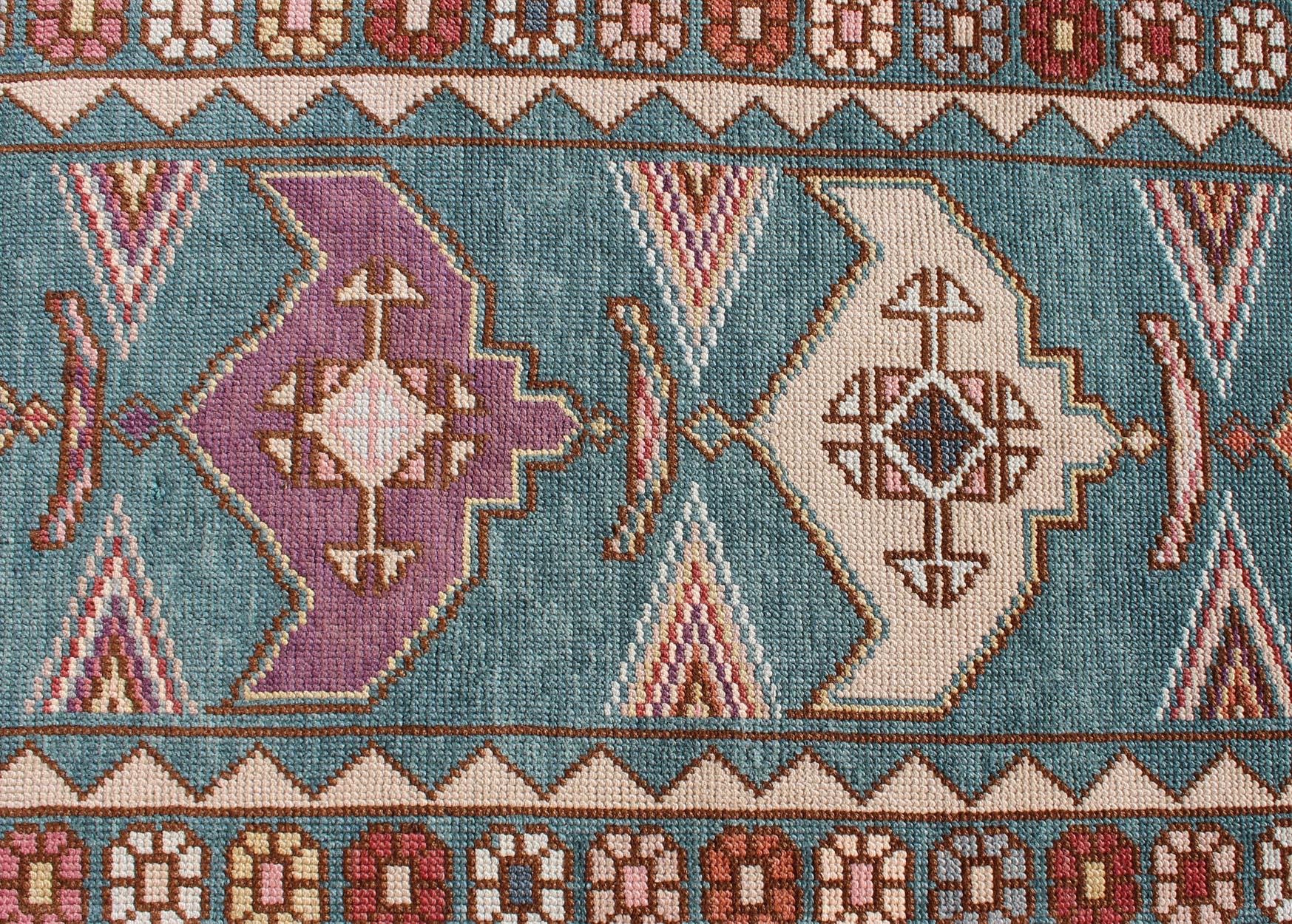 Teal Color Vintage Turkish Oushak Runner with Repeating Geometric Design For Sale 1