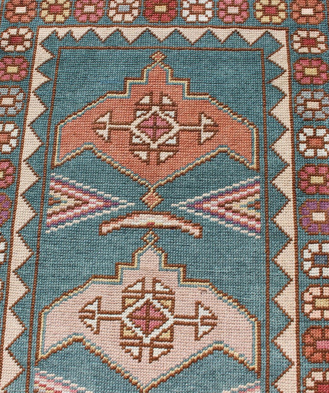 Teal Color Vintage Turkish Oushak Runner with Repeating Geometric Design For Sale 3