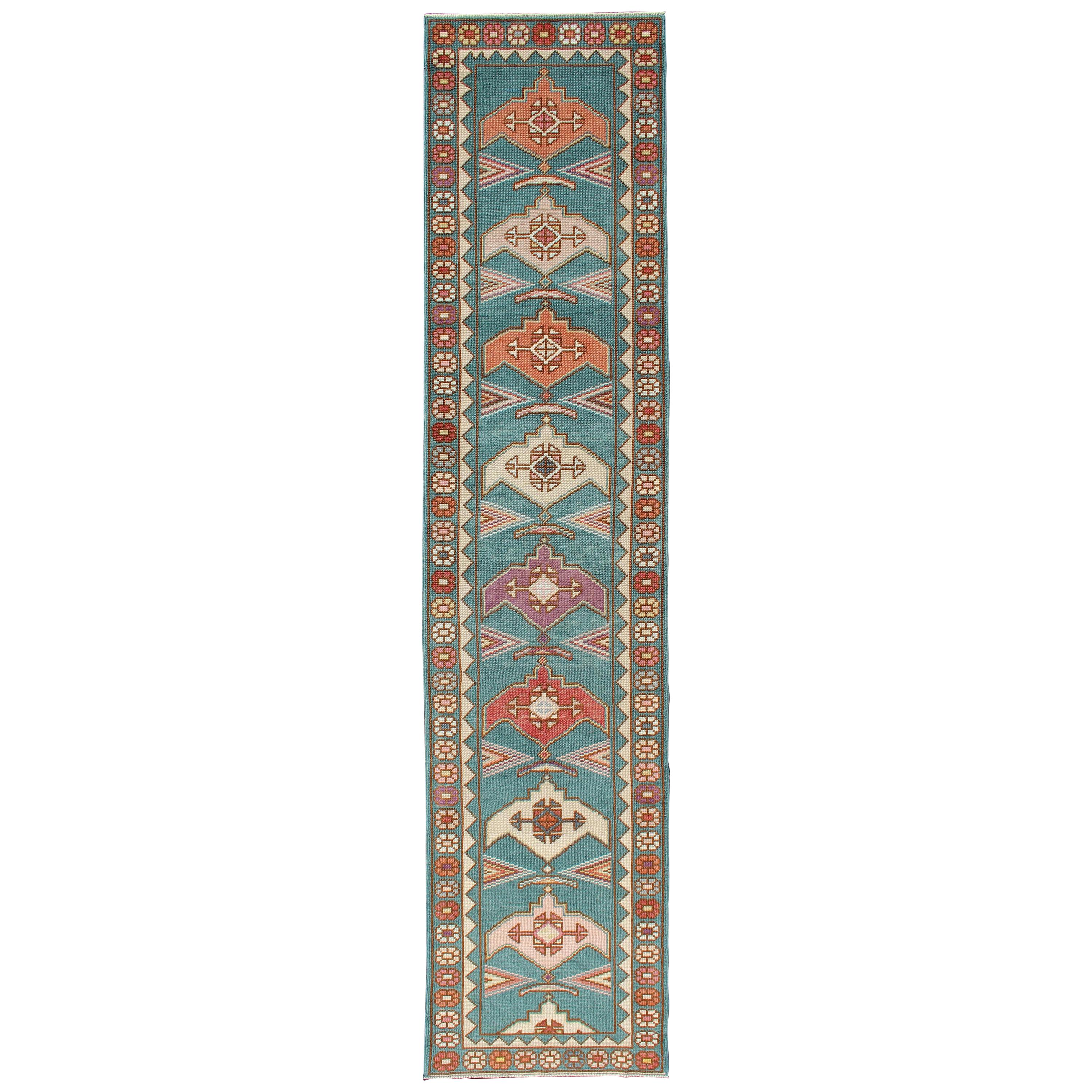 Teal Color Vintage Turkish Oushak Runner with Repeating Geometric Design For Sale