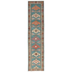 Tapis de couloir turc Oushak vintage de couleur sarcelle avec motif géométrique répétitif