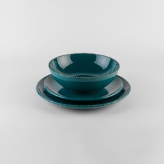 Teal crenellated plates: Soup, holder, side plate for 4. Handmade in Italy 2024